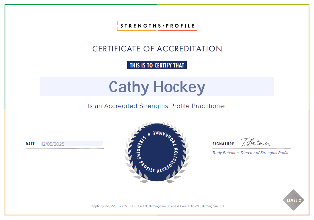 Certificate of Accreditation for Cathy Hockey, an Accredited Strengths Profile Practitioner, issued on 12/05/2025, signed by Trudy Bateman, with a blue seal and colorful border.