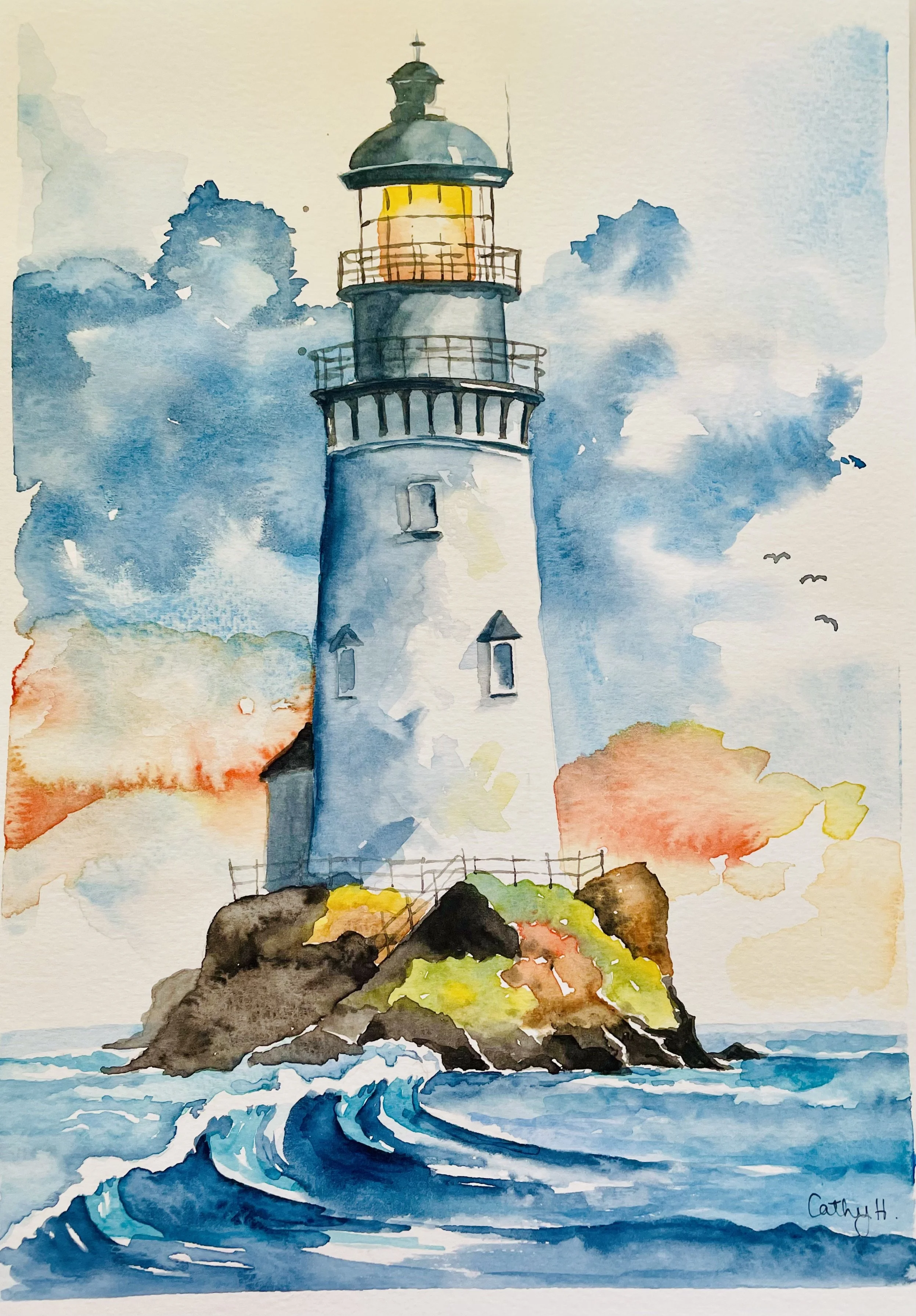 Watercolour lighthouse painted by Cathy