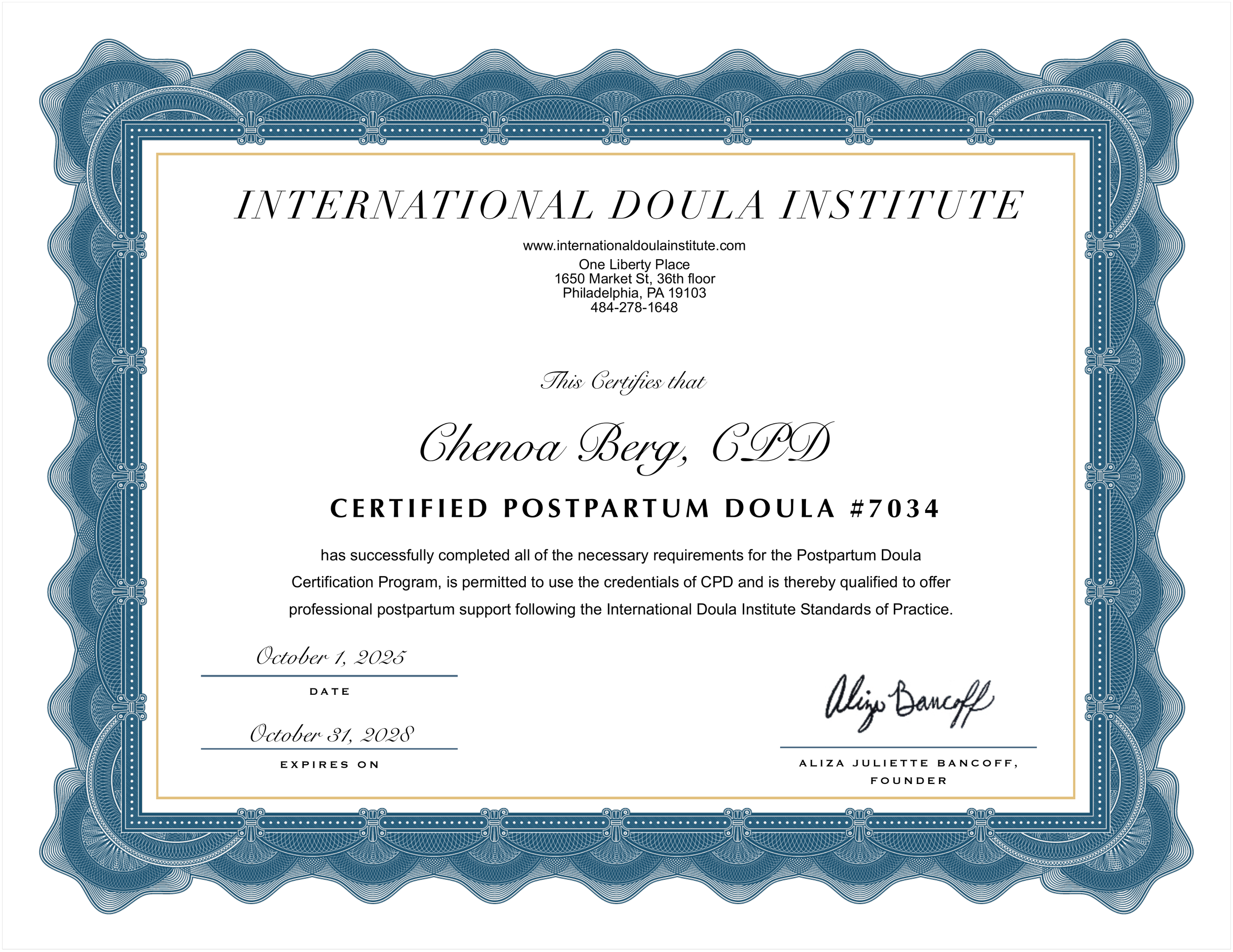 Certificate from the International Doula Institute with decorative blue border, black and gold accents, and text indicating certification and personal details.