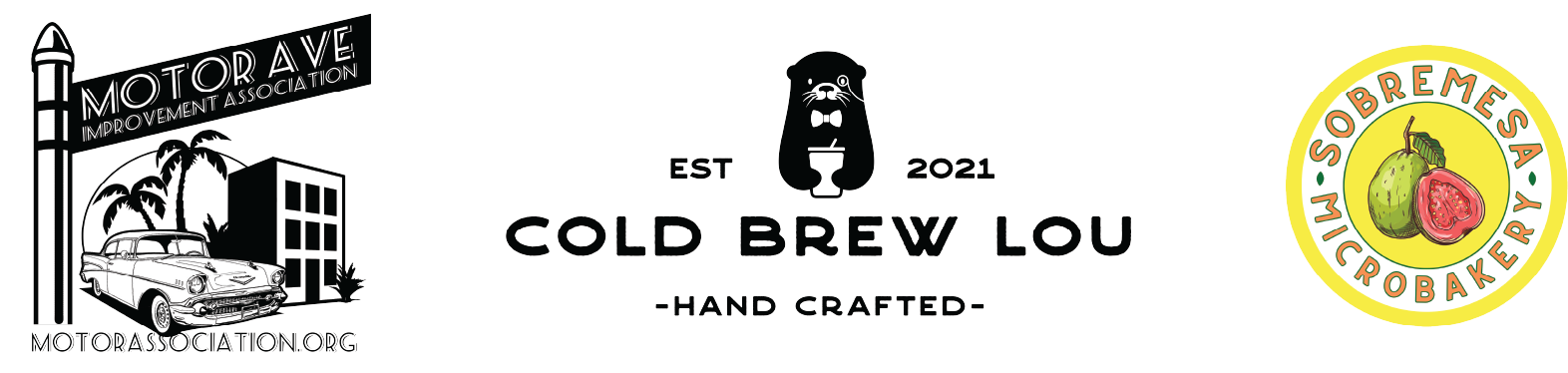 Black and white logos of the Motor Avenue Improvement Association, Cold Brew Lou, and Sobremesa Microbakery, featuring vintage cars, a bear wearing a bowtie, and a pear and fig illustration.