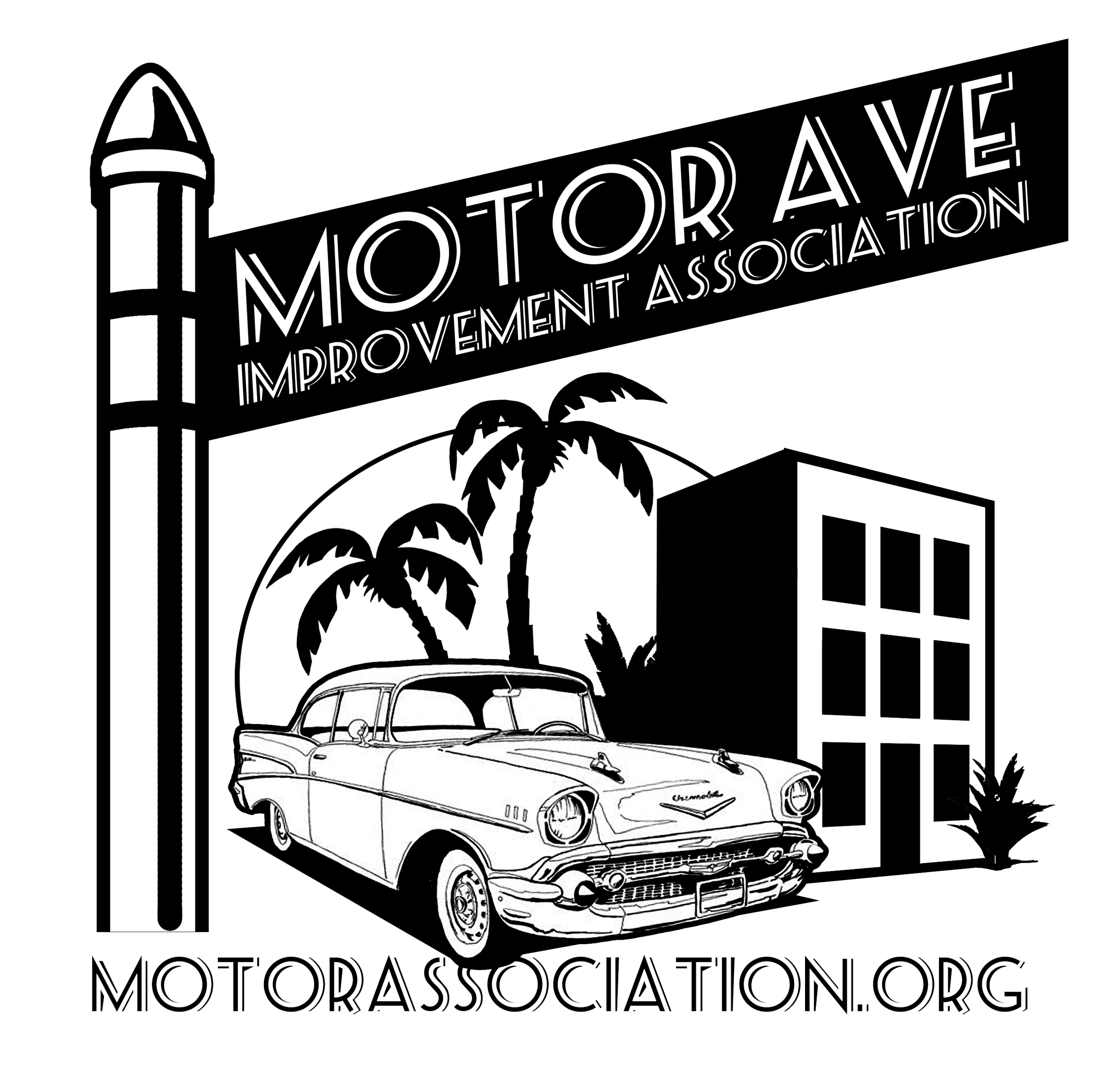 Black and white logo for the Motor Avenue Improvement Association, featuring a vintage car, palm trees, and a building, with the website motorassoc.org.