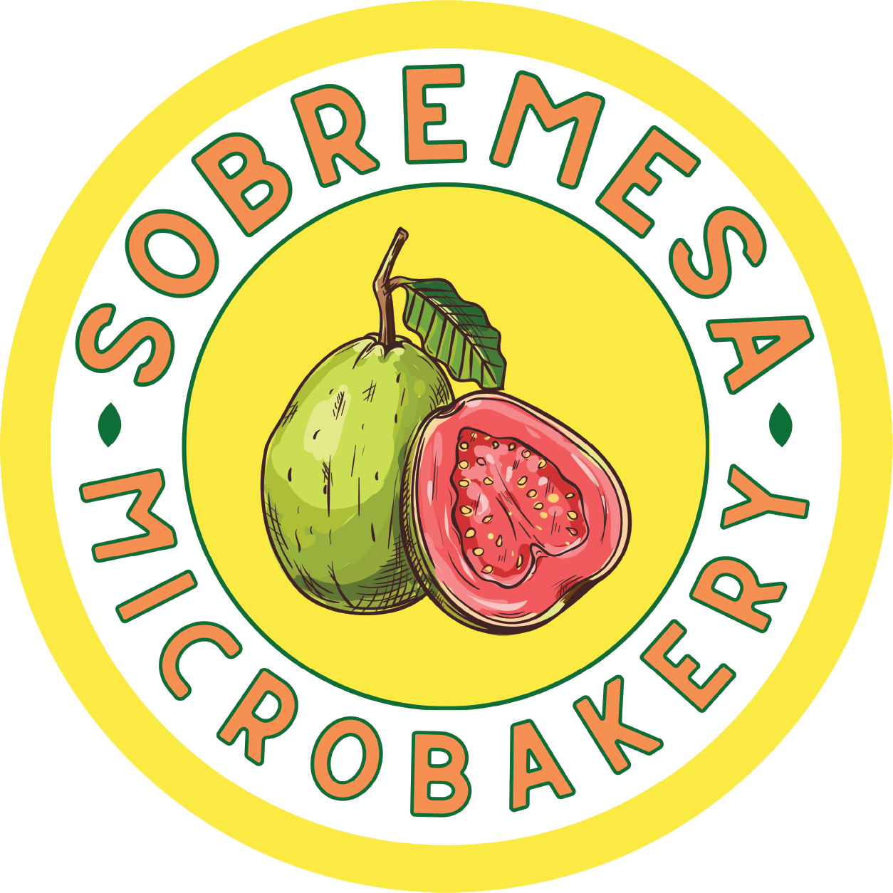 A circular logo with a yellow background featuring a green guava and a halved pink guava with visible seeds in the center, surrounded by the text 'SO BREMES AY MÍCROROBÁK'.