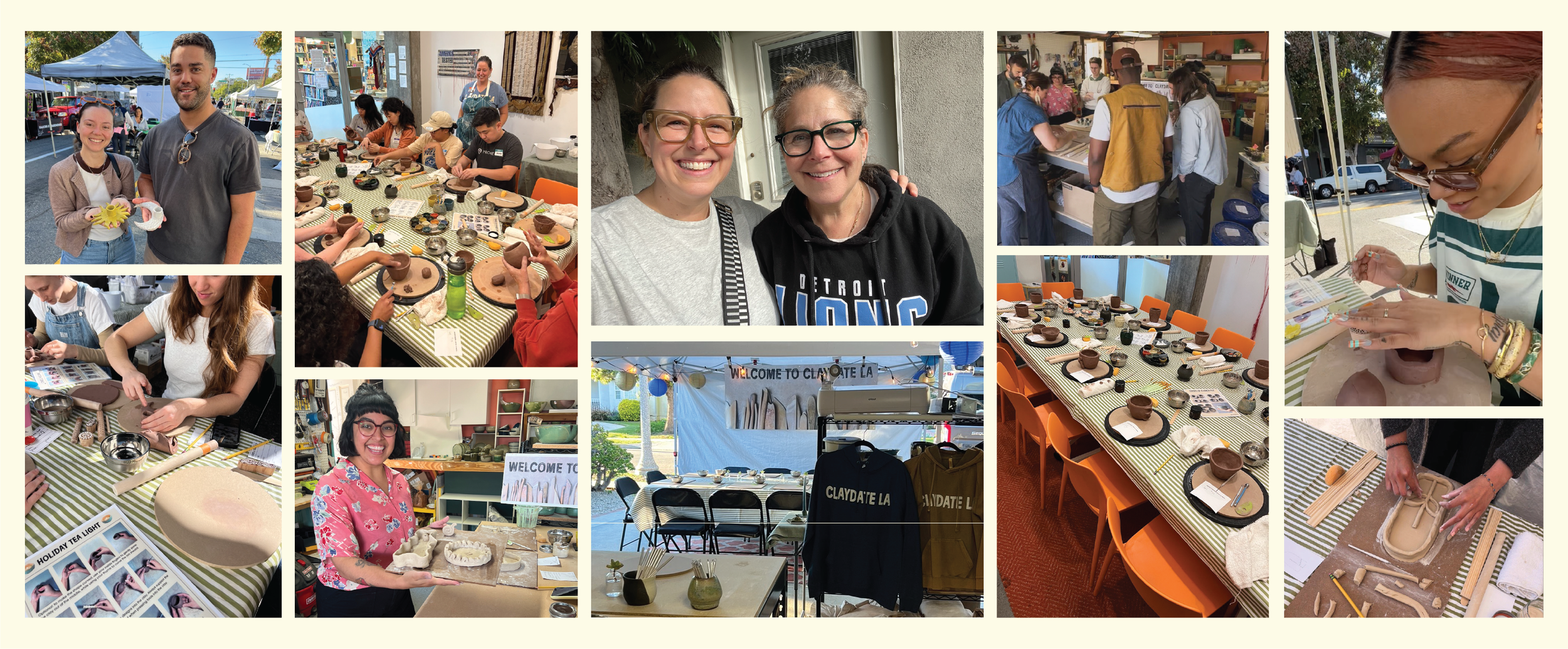 Collage of people participating in a clay pottery workshop outdoors and indoors, with many photos of finished clay pieces, instructors demonstrating techniques, and group photos of smiling attendees.