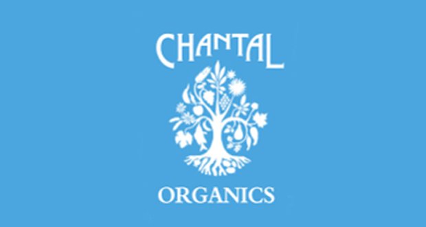 Chantal Organics logo with a white tree illustration on a blue background