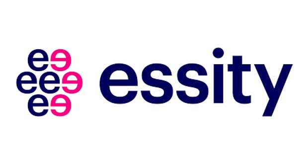 The image shows a logo for 'essity' with a stylized design of interconnected 'e' and '9' shapes on the left, using blue and pink colors.