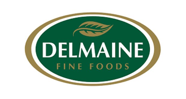 Delmaine Fine Foods logo with a green oval background, gold border, and a leaf design above the text.