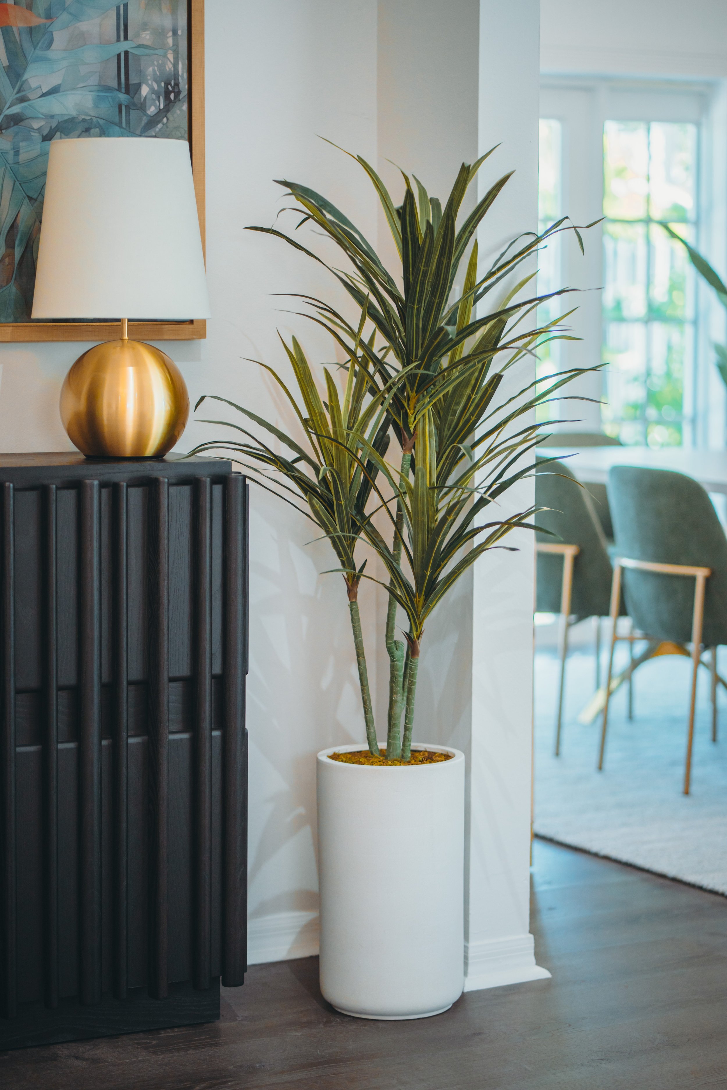 Potted plant next to gold lamp and black credenza in Miami home