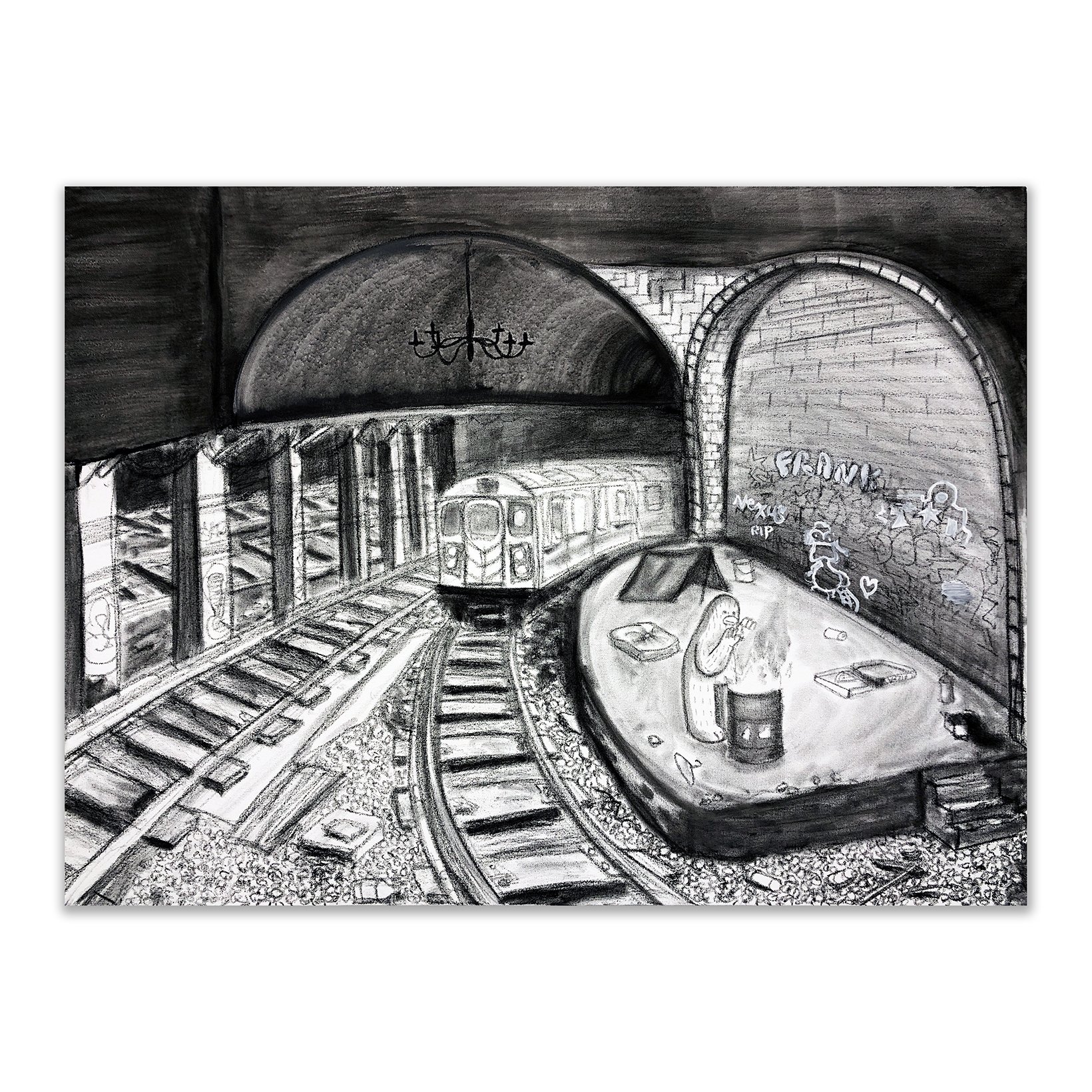 Frank Ape   Secret Special Place   Charcoal on Canvas   2019   30 x 40 Inches (76.2 x 101.6 cm)   Unique   Signed on the Verso