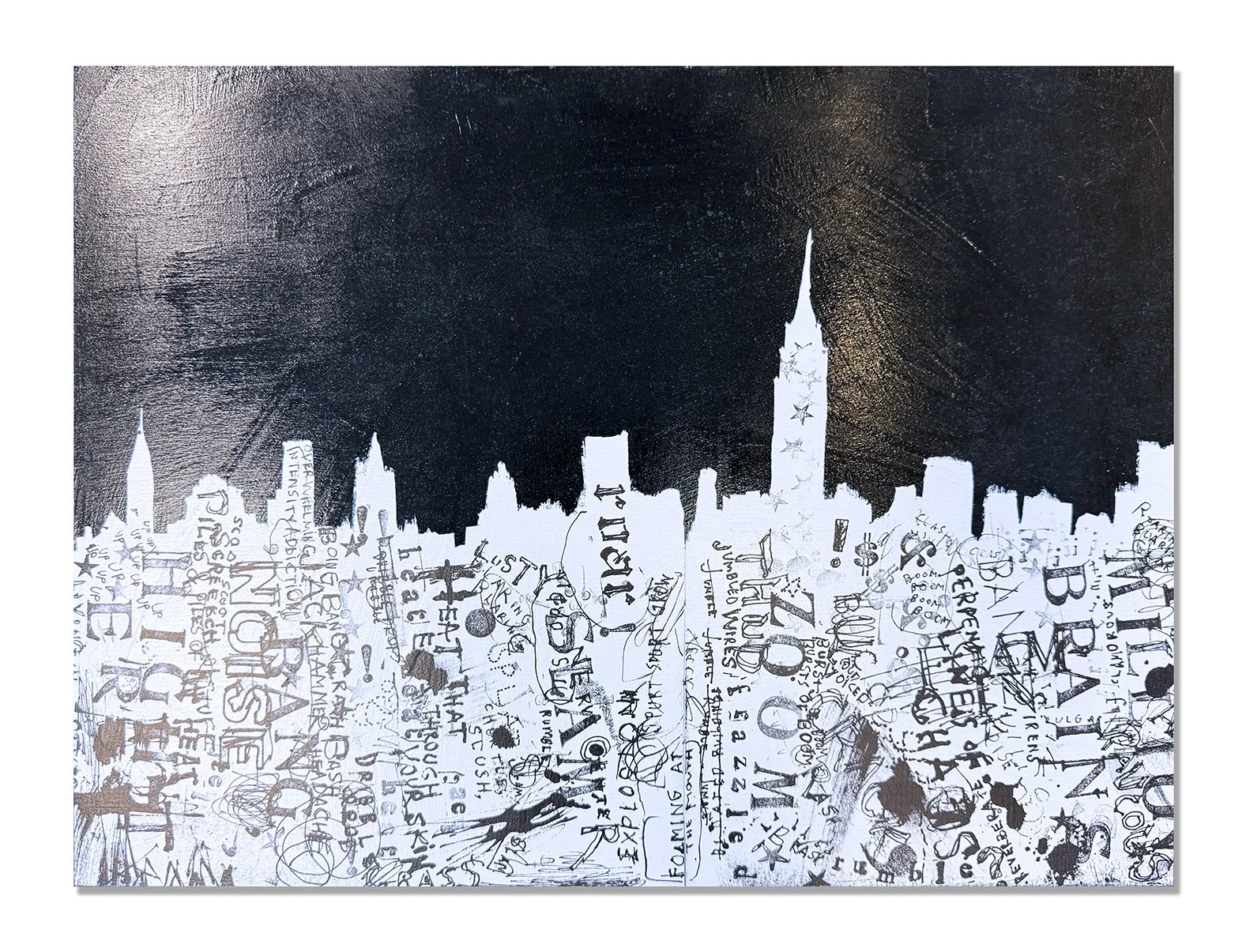 Linda Zacks   Hot-As-Hell-City (B&W)   Unique Print on wood panel, Hand Embellished   2025   18x24 Inches (45.7 x 61 cm)   Unique   Signed on the Verso