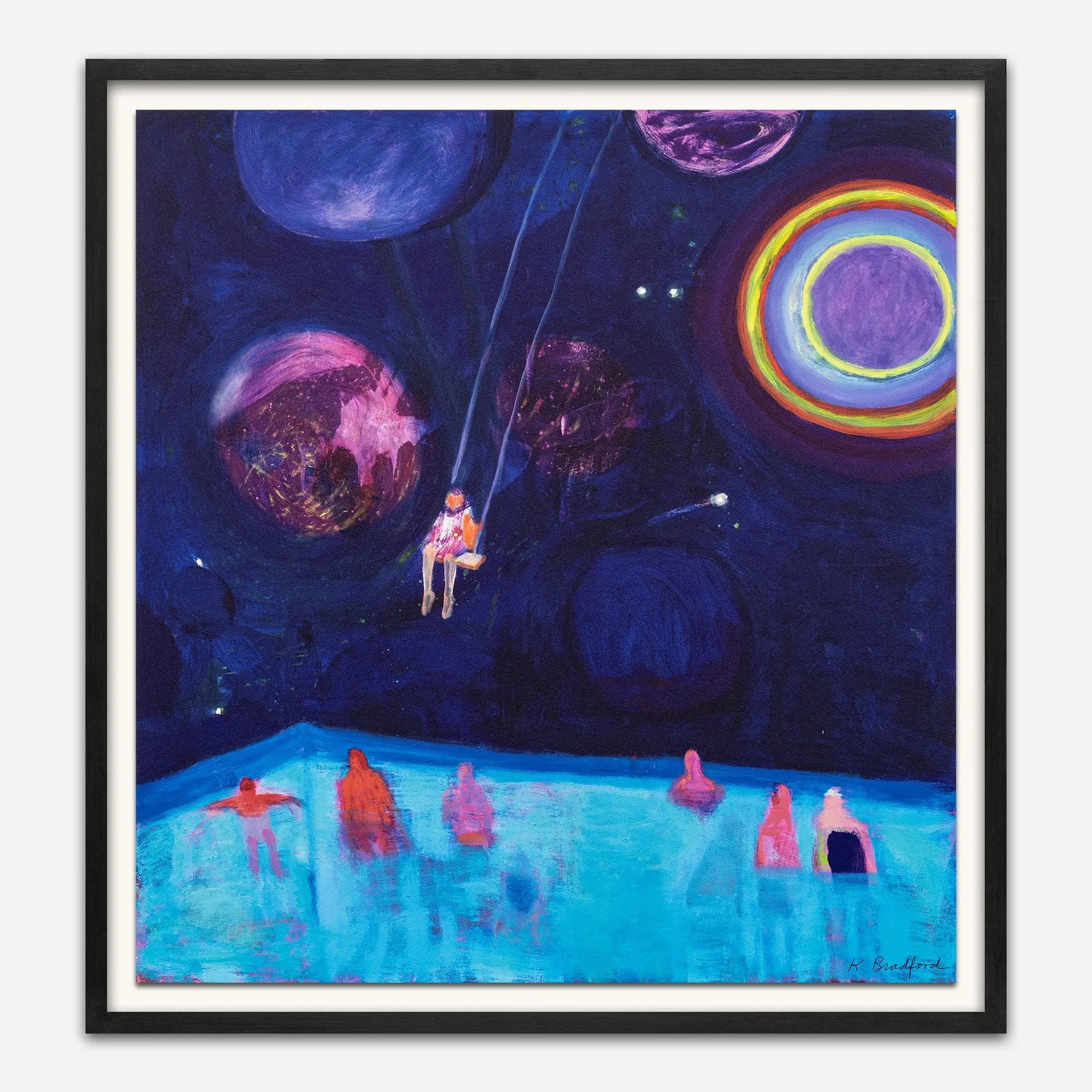 Katherine Bradford   Swing Over Pool   Archival pigment print with silkscreen shimmer varnish   2025   Framed Size 26.5 x 25 Inches (67 x 63.25 cm)   Limited Edition of 200 works   Signed and Numbered