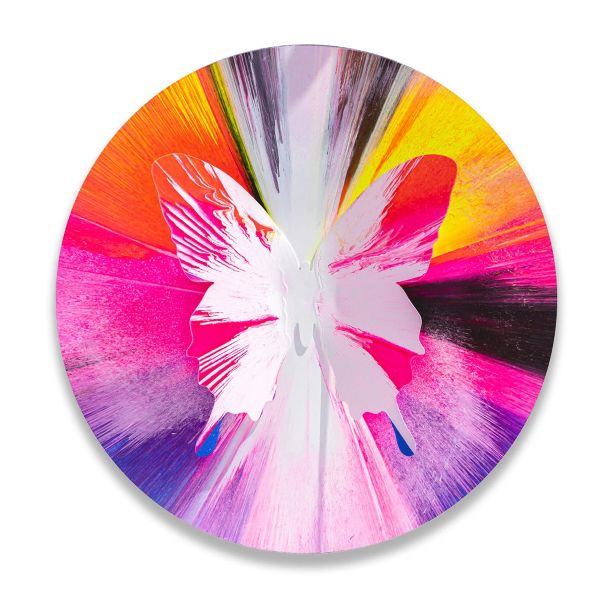 Punk Me Tender   198   Acrylic on Wooden Panel, Aluminum Butterfly, Diamond Dust   2021   46 Inches in Diameter (117 cm in Diameter)   Unique Work   Signed on the Verso