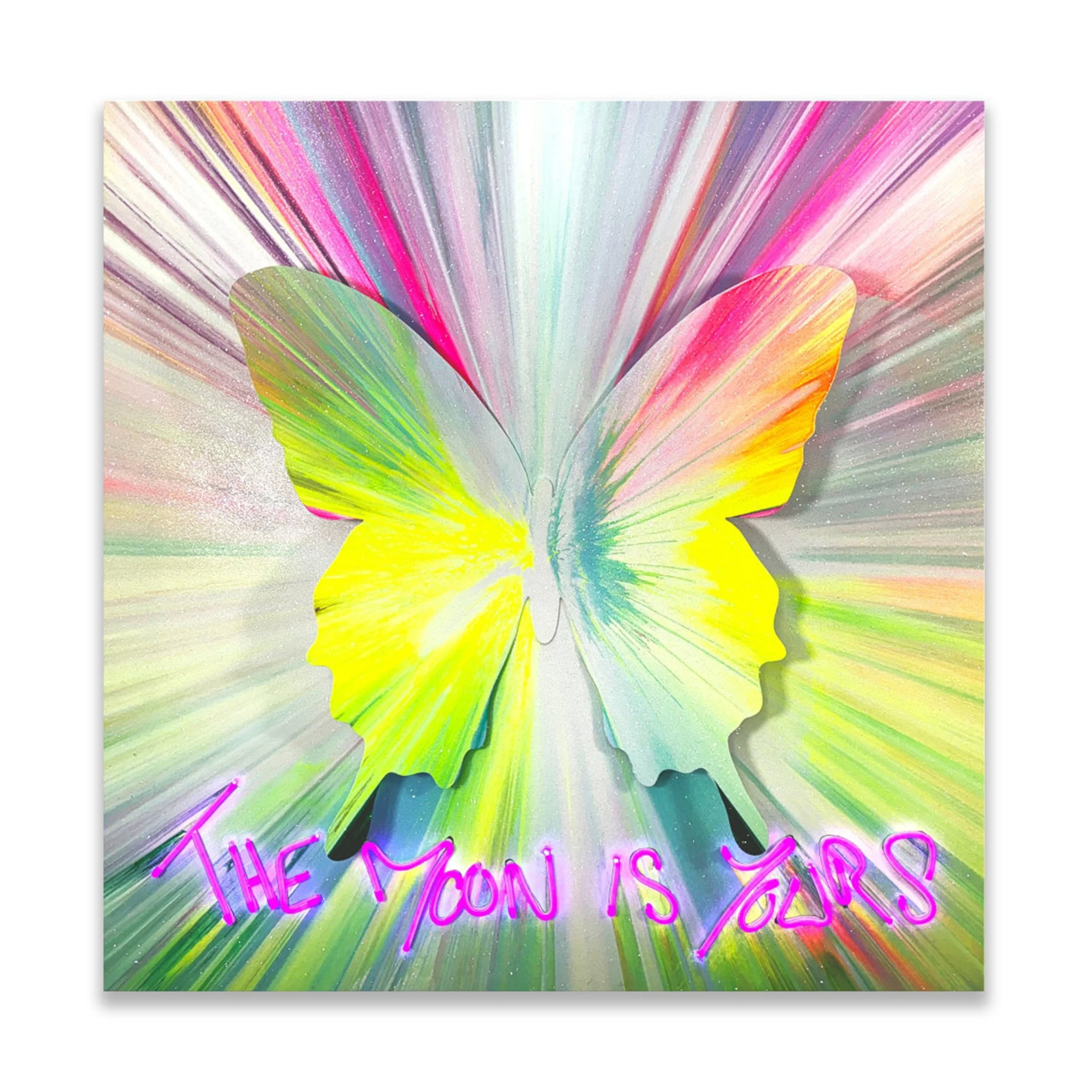 Punk Me Tender   700   Acrylic on Wooden Panel, Aluminum Butterfly, Diamond Dust and LED Neon   2024   54 x 54 Inches (137 x 137 cm)   Unique Work   Signed on the Verso