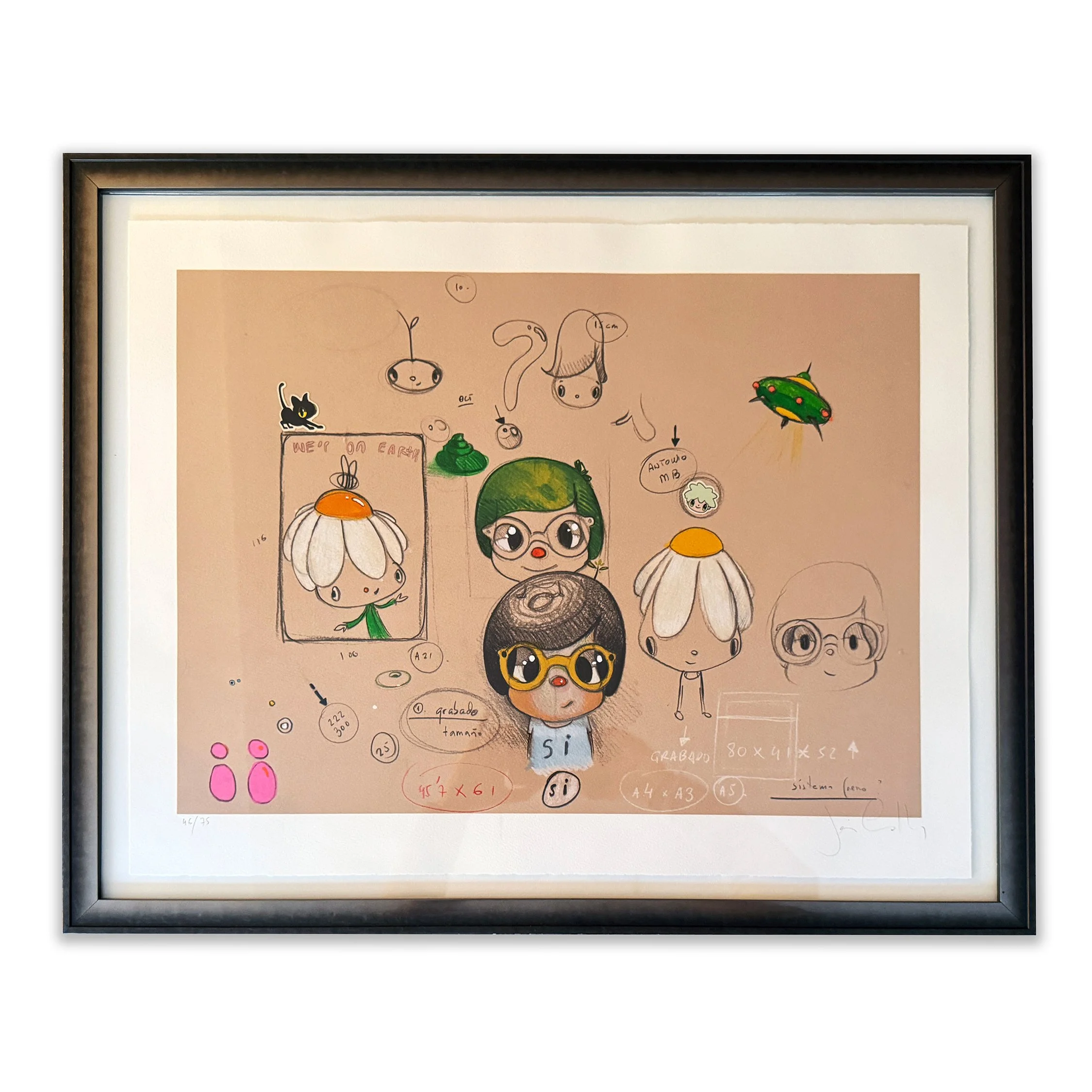 Javier Calleja   Si   Serigraph over 40 screen-printed colors and hand-applied stickers by the artist   2024   Framed Size 25 x 31 Inches (63.5 x 78.75 cm)   Limited Edition of 75 works   Signed and Numbered