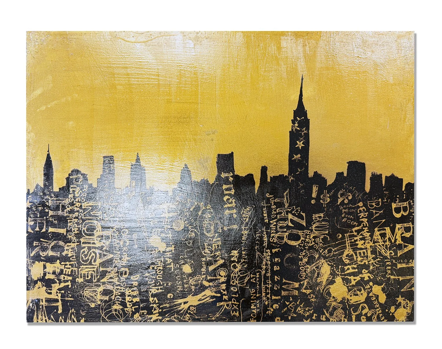 Linda Zacks   Hot-As-Hell-City (Gold)   Unique Print on wood panel, Hand Embellished   2025   18x24 Inches (45.7 x 61 cm)   Unique   Signed on the Verso