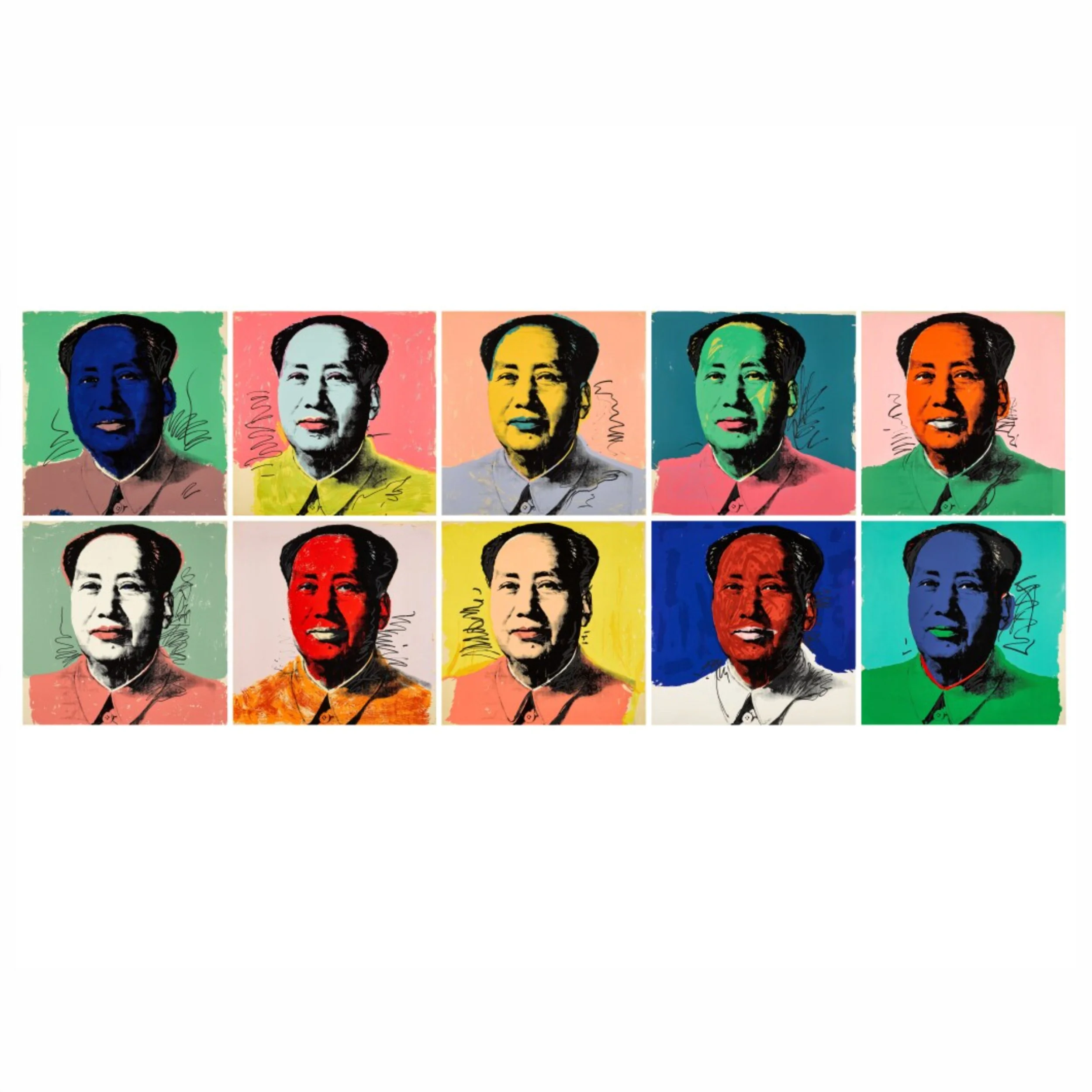 Andy Warhol   Mao F.S II 90-99 (Full Suite)   Screenprint w/ Acrylic Paint   1972   36 x 36 Inches Ea (91.5 x 91.5 cm)   Outsideof the published edition of 250 works   Each with the Andy Warhol Art Authentication Board inkstamps and marked outside th