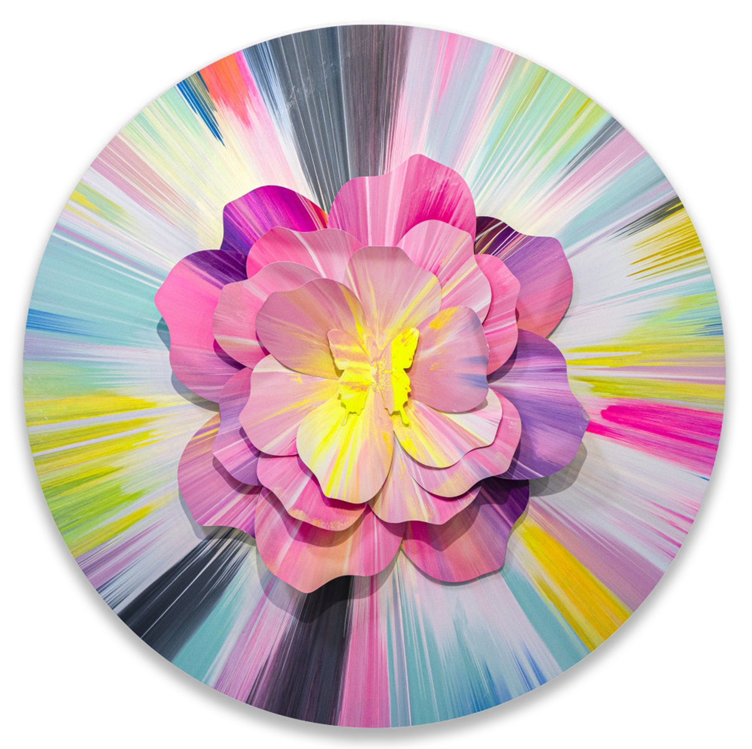 Punk Me Tender   299   Acrylic on Wooden Panel, Aluminum Flower & Butterfly, Diamond Dust   2021   60 Inches in Diameter (152.5 cm in Diameter)   Unique Work   Signed on the Verso