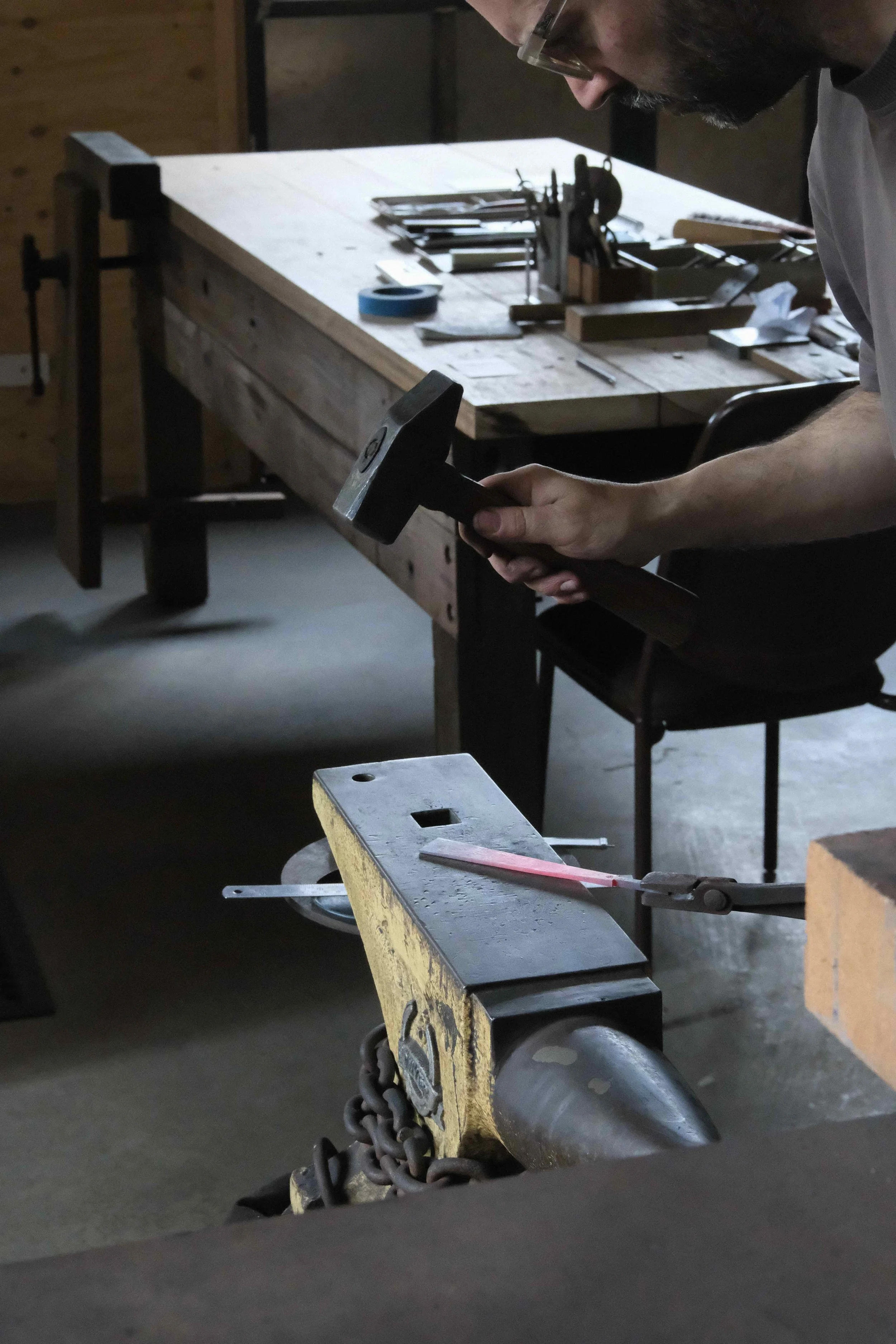 Forging chisel on anvil
