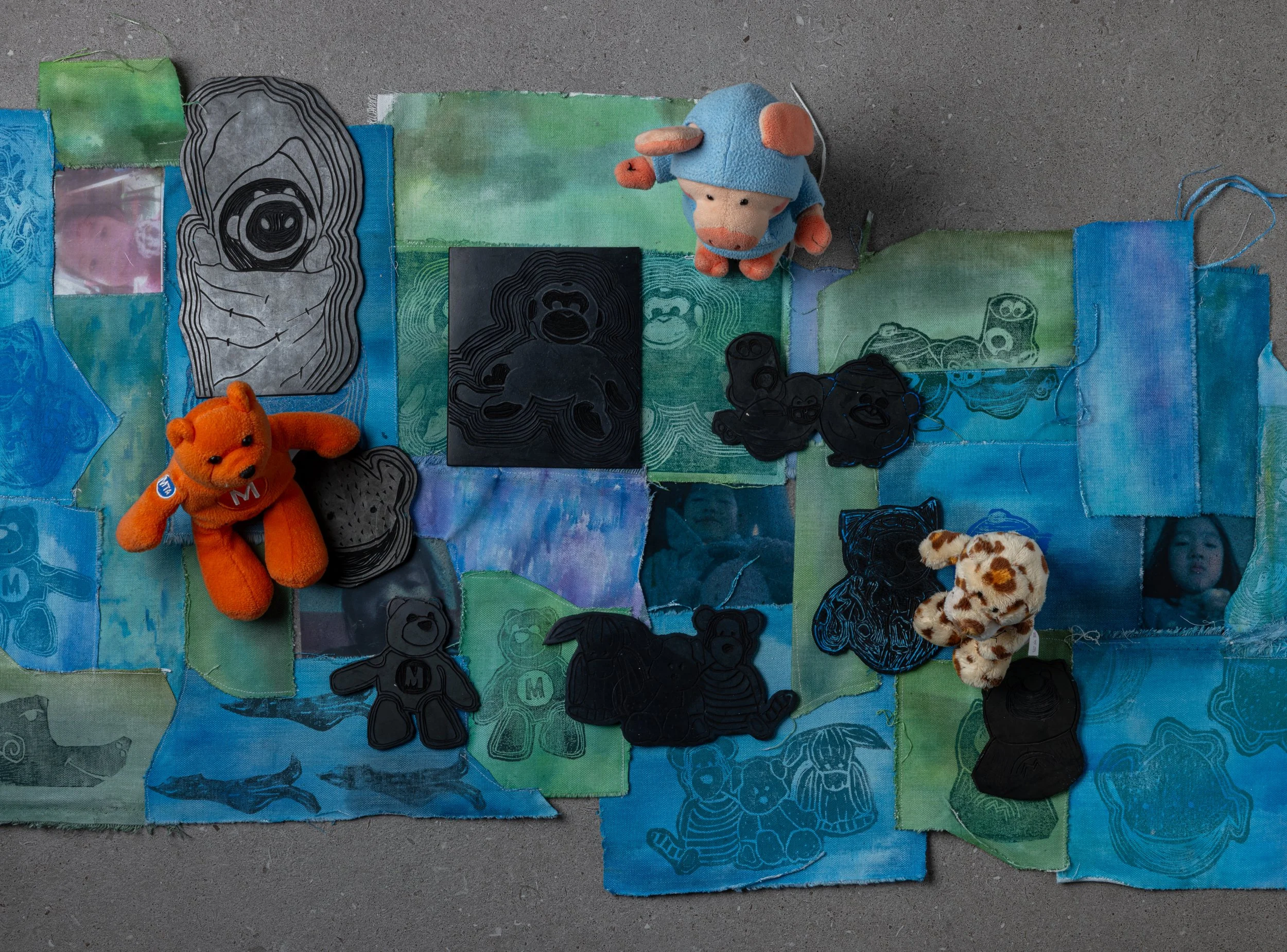 Stuffed animal friends, linoleum prints, and canvas prints
