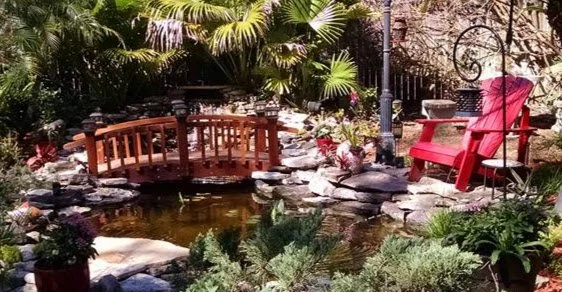 A backyard garden with a small pond, wooden bridge, red Adirondack chair, and lush green plants.