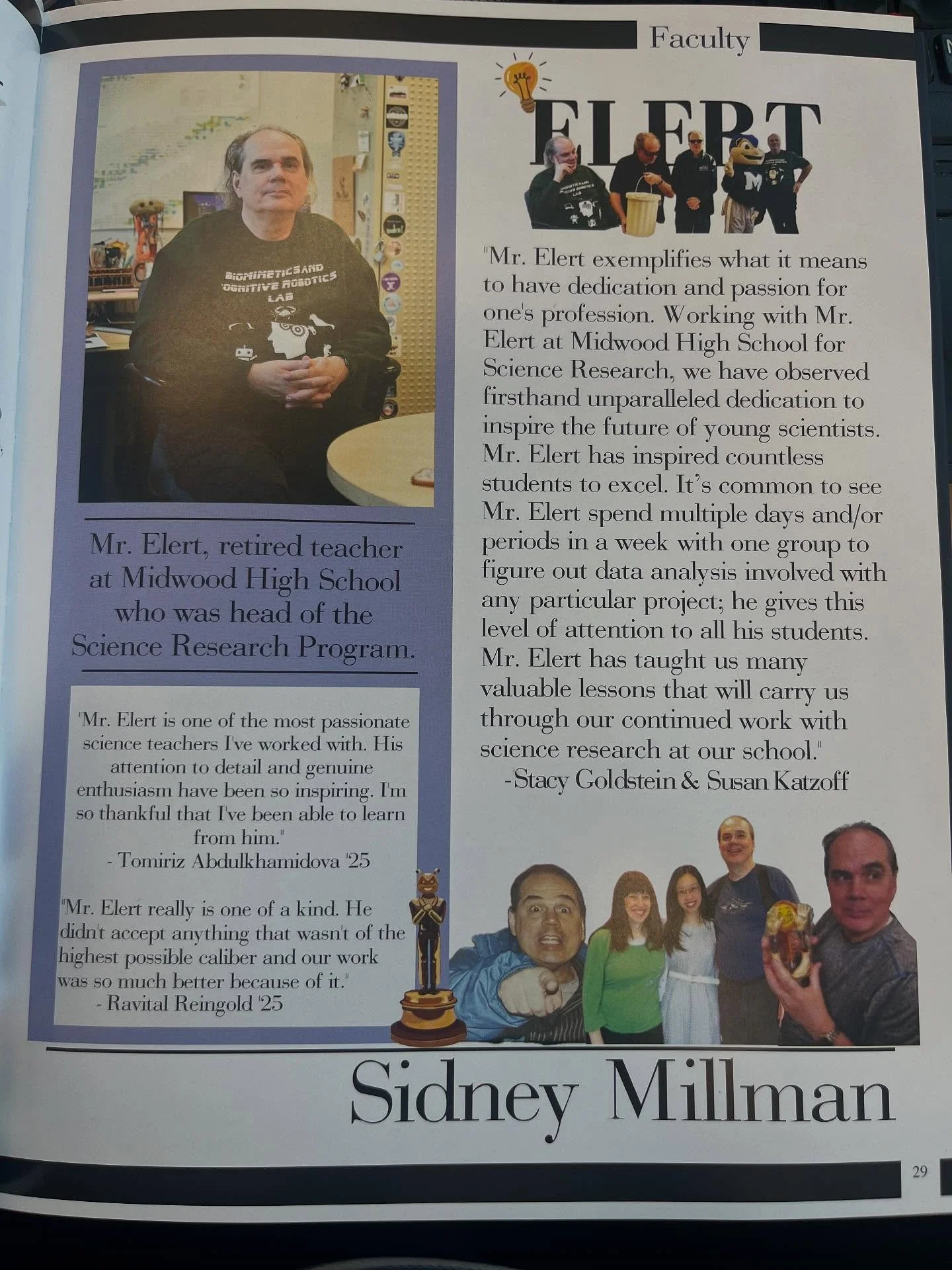 Sidney Millman Winner and our very own Retired Science Research Coordinator and Physics Teacher extraordinaire, Mr. Glenn Elert being honored by the 2025 Midwood High School yearbook! #midwoodscienceresearch #scienceresearch