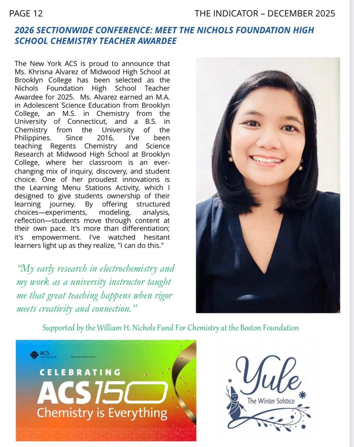 Congratulations to our very own Midwood Science Research Teacher and Chemistry teacher, Ms. Khrisna Alvarez, on receiving the 2025 Nichols Foundation High School Chemistry Teacher Award! 🌟

Since 2016, Ms. Alvarez has transformed her classroom into 
