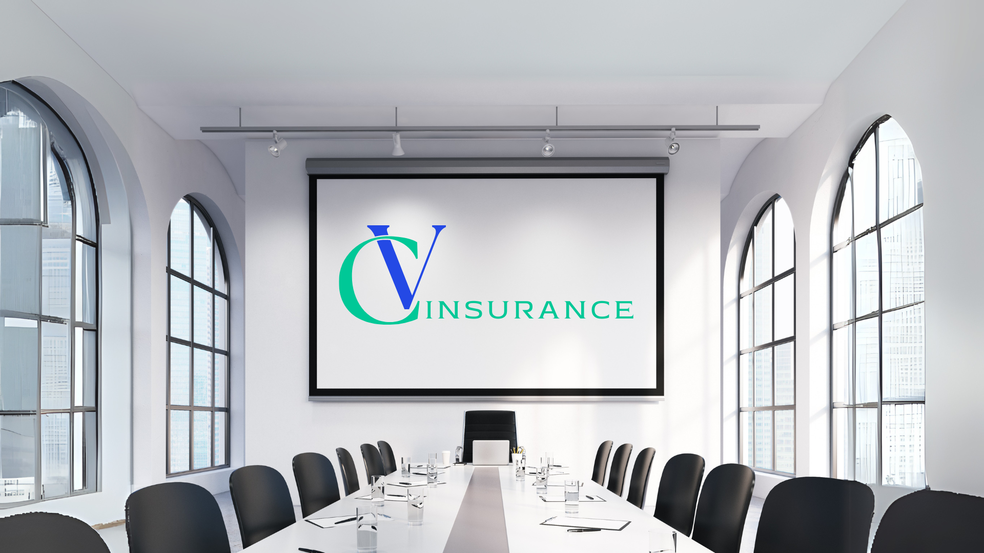 Modern conference room with a long table, black chairs, large windows, and a projection screen displaying the logo for C V Insurance.
