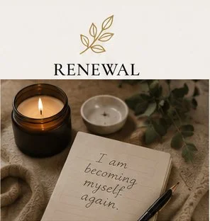 Open notebook with the handwritten message 'I am becoming myself again,' surrounded by a lit candle, an unlit candle, and greenery.