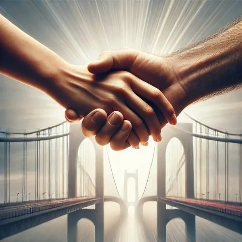 Close-up of two people holding hands in front of a bridge with sunlight shining behind.