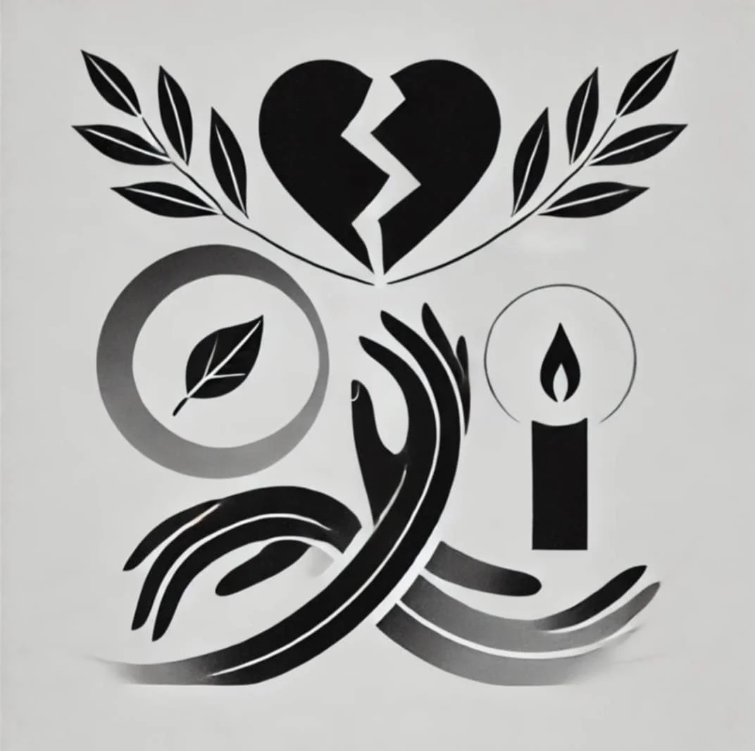 A black and white graphic featuring a broken heart, leaves, a candle, and abstract shapes.