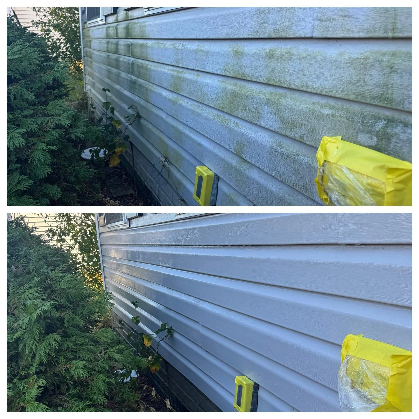 Soft washing and pressure washing before and after of a house with vinyl siding in North Ridgeville Ohio