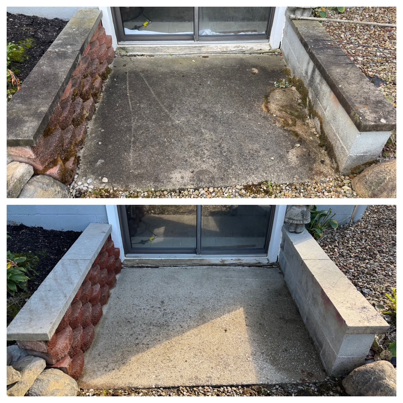 Pressure washing before and after of a patio with brick walls in Brunswick Ohio