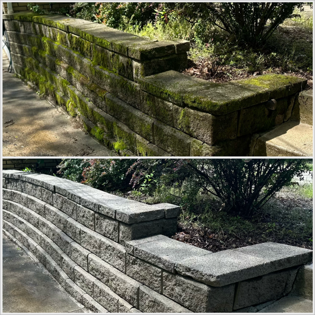 Pressure washing before and after of a stone wall that was heavily covered with moss in Brecksville Ohio