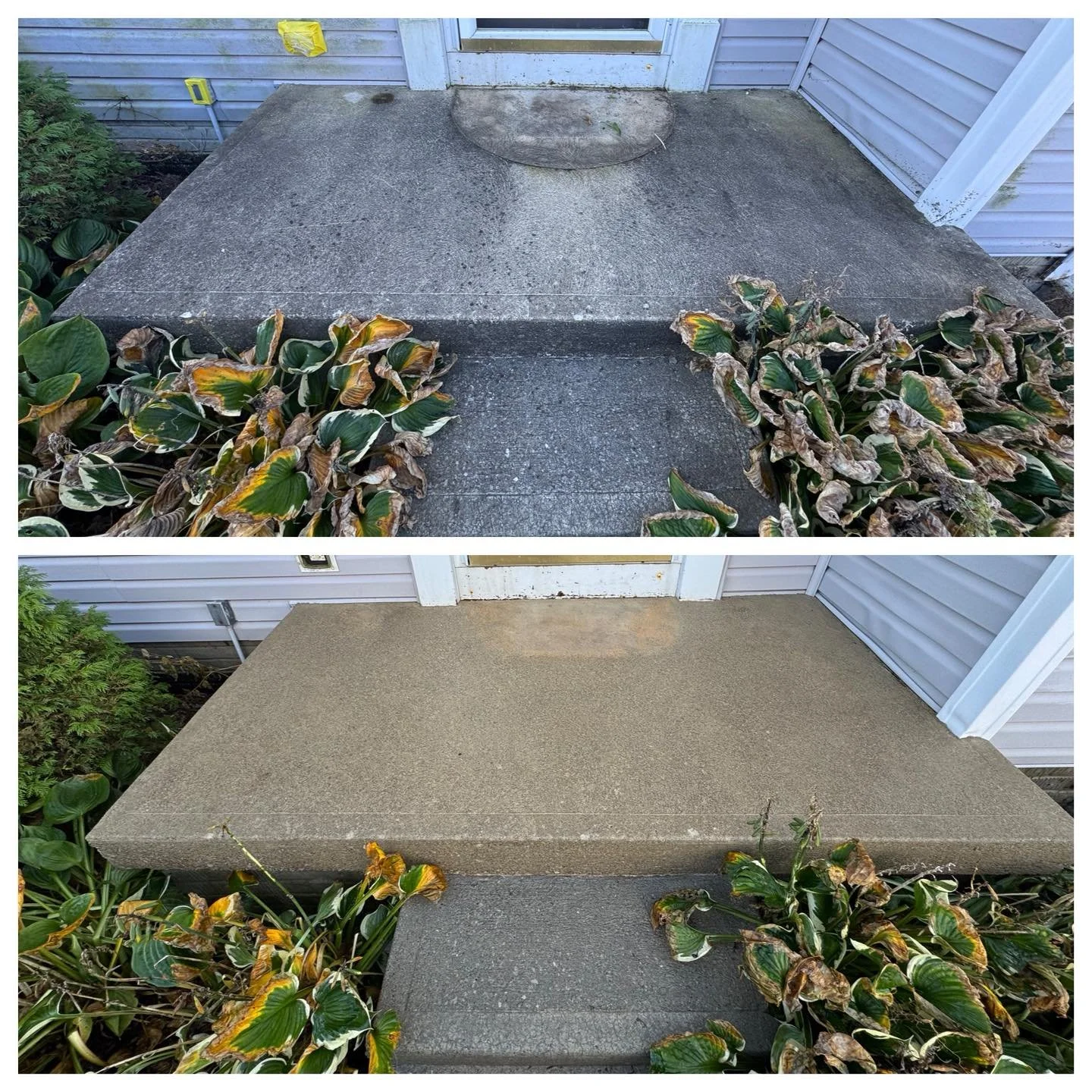 Pressure washing before and after of a front porch in Avon Ohio