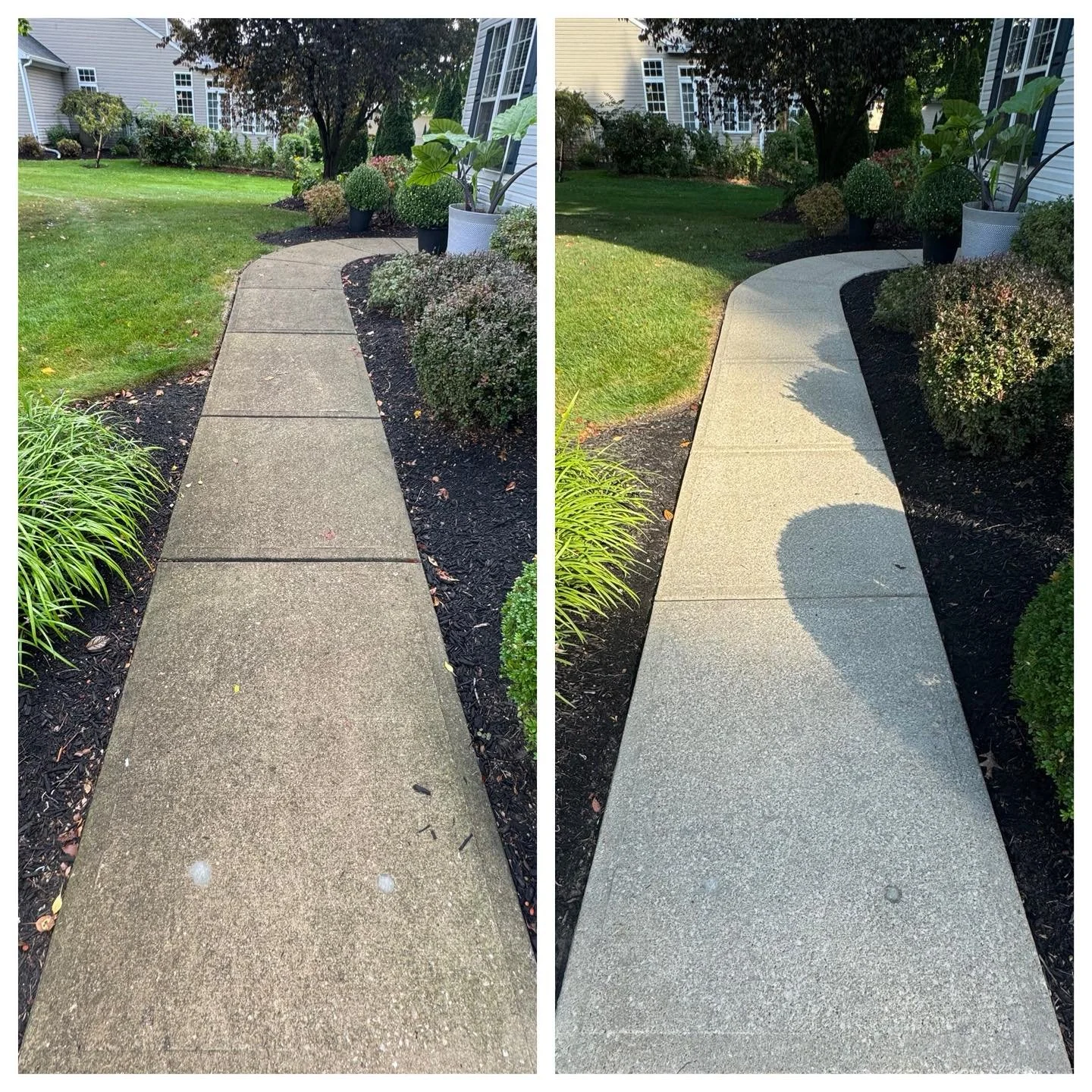 Pressure washing before and after of a sidewalk in Avon Ohio