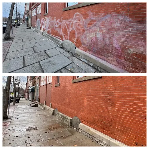 before and after of graffiti removal using pressure washing in Oberlin Ohio