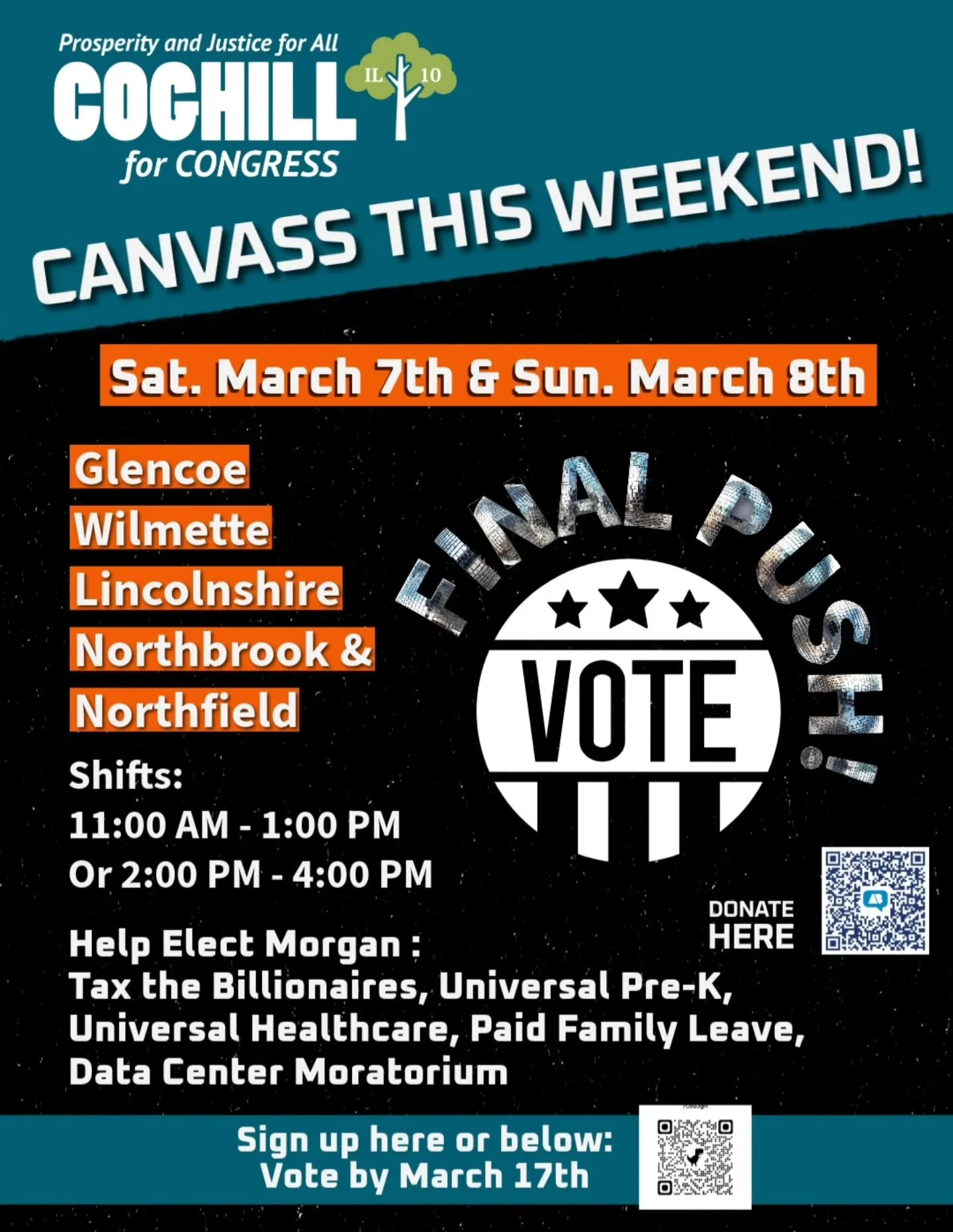 Let's goooo!!!

Support Morgan Coghill, the only anti-war war candidate in this democratic primary that take takes zero money from weapons manufacturers, foreign lobbyists, dark money and the like!

We're brining a progressive future to IL-10, join u