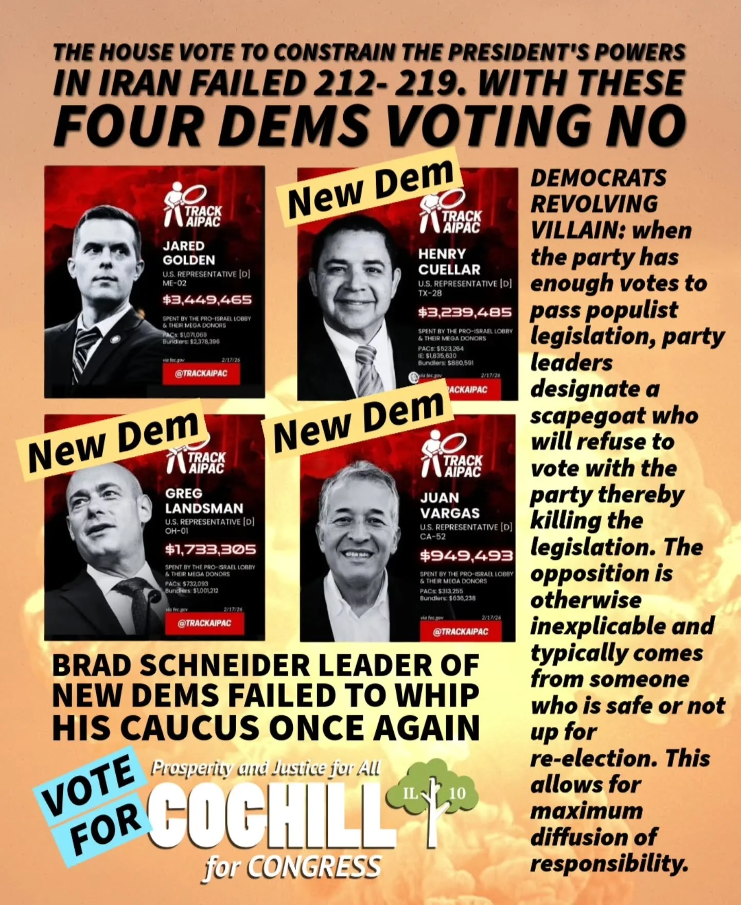 While our and daughters in uniform are under fire, our Democratic house leadership is useless again.  They cannot muster the votes to hold the administration accountable.  We need new leadership.  The revolving villian strategy needs to go.  Elect pr