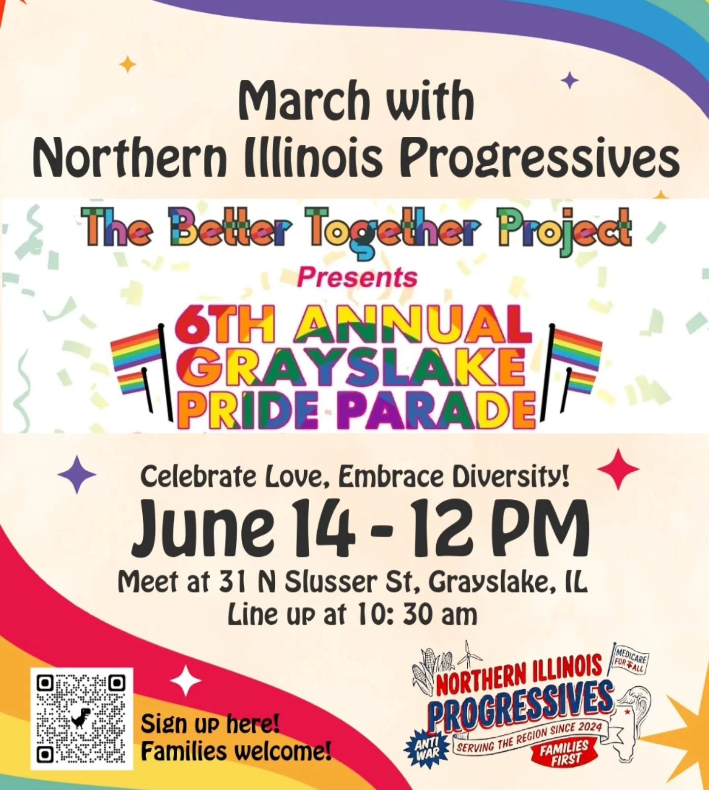 Join the Northern Illinois progressives and walk in the 6th annual Grayslake Pride Parade on June 14th. We ask participants be there no later than 11:00 a.m. Please wear something rainbow to support the community!

Link to sign up in bio! Or code! 🌈