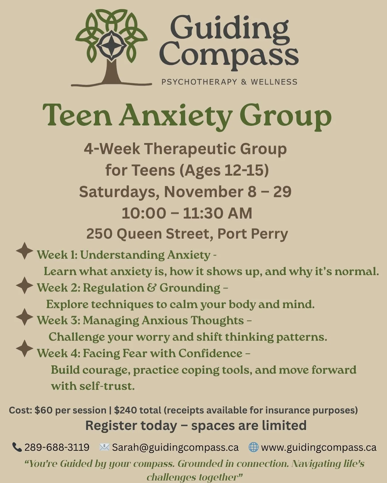 Teen Anxiety Group — Starting November 8!
Is your teen struggling with anxiety or stress? Our 4-week therapeutic group offers a safe and supportive space to help teens (ages 12–15) understand anxiety, learn grounding and regulation tools,