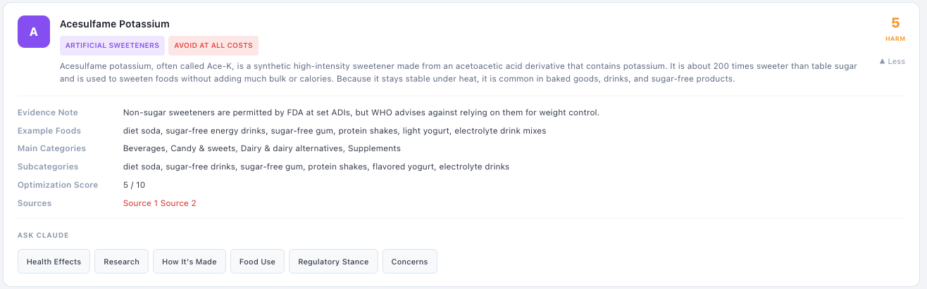 Screenshot of a webpage about Acesulfame Potassium, a synthetic sweetener with information on its category, safety, and sources.