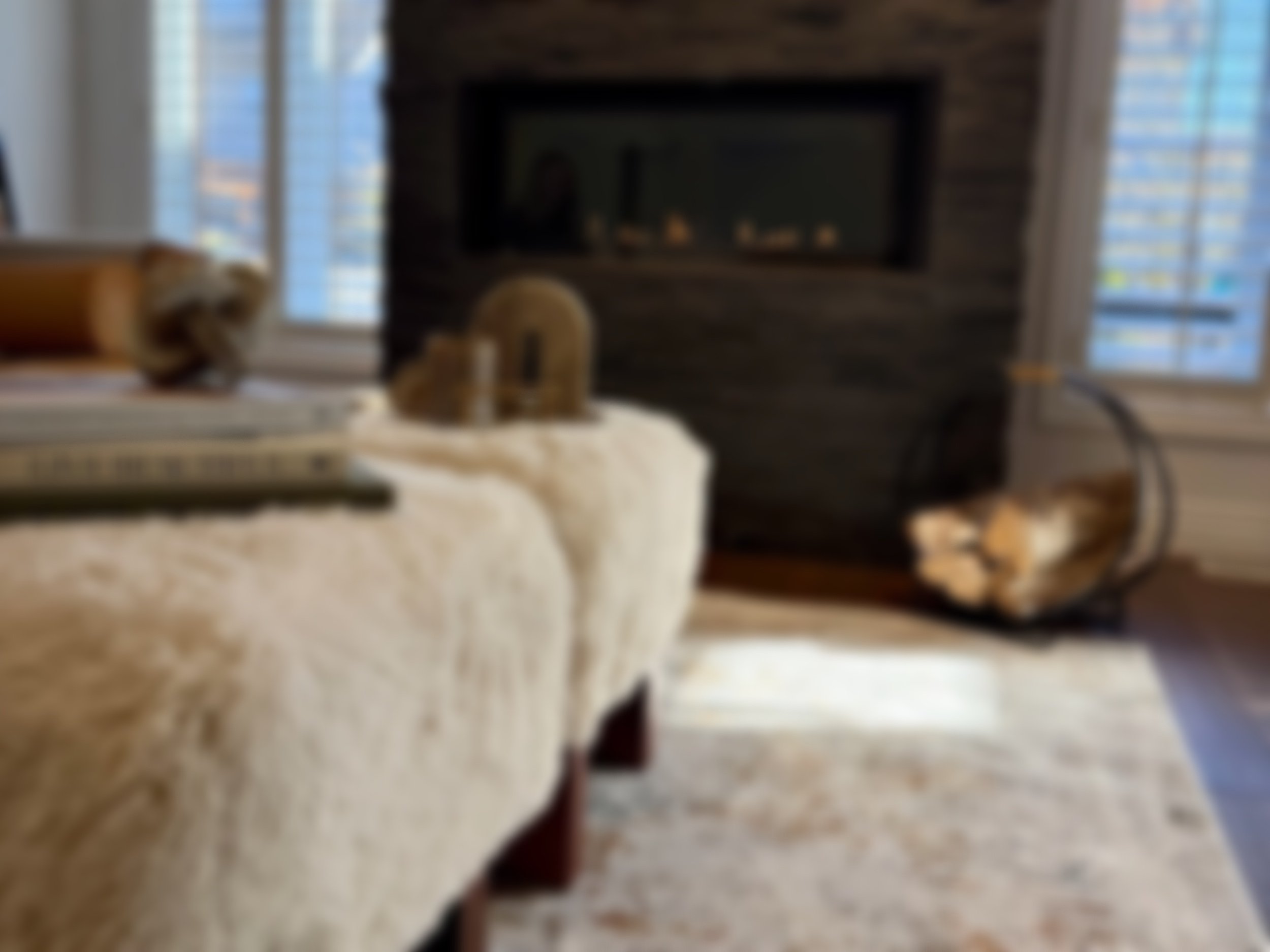 Blurred image of a living room with a fireplace, a white fluffy rug, and cats resting on a table, a cat tunnel, and windows with blinds.