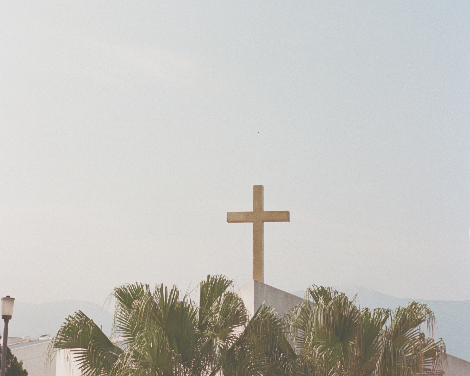 A cross atop a building surrounded by palm trees with a mountainous background.