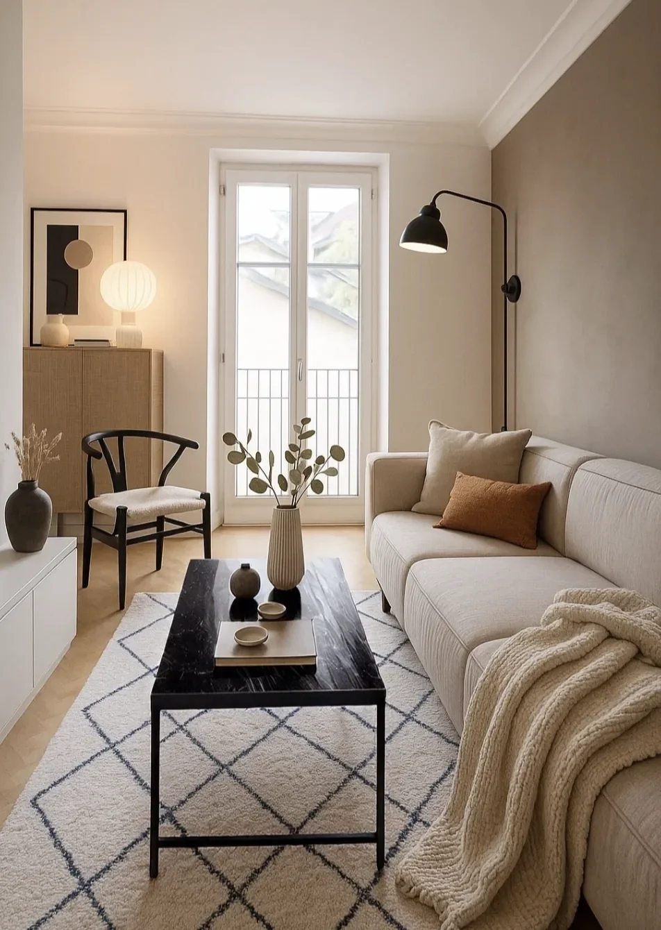 Heller, moderner Wohnzimmer mit Sofa, Couchtisch, Dekogegenständen, einem Ohrensessel, einem Regal mit Lampe, Wandlampe und einem großen Fenster mit Balkon. Die Einrichtung ist minimalistisch und stilvoll in neutralen Tönen gehalten.