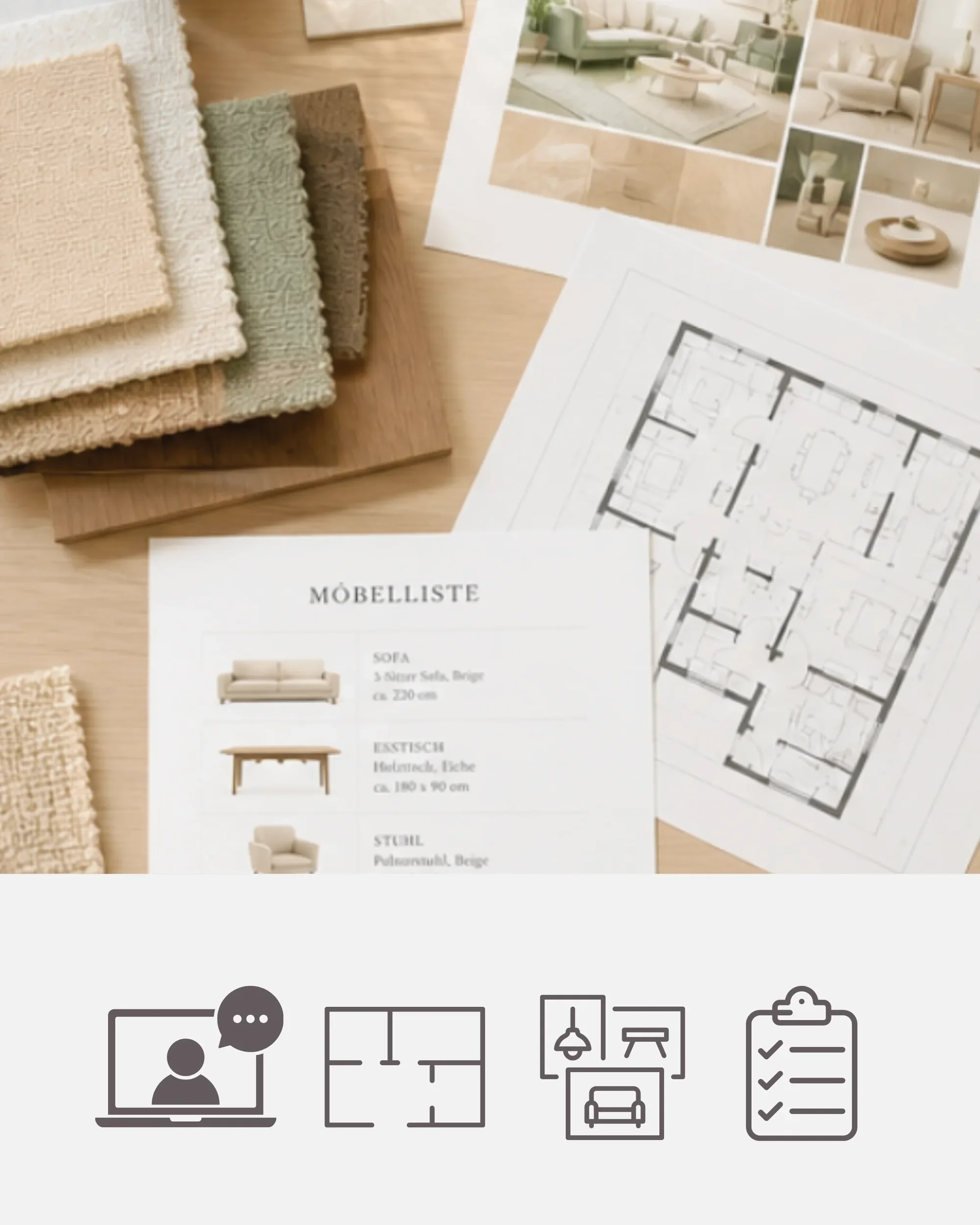 Drei Stoffproben in Erdtönen liegen auf einem Holzbrett. Daneben befinden sich Farb- und Materialmuster für ein Wohnprojekt, inklusive einem Grundrissplan eines Hauses im Stil eines Moodboards.