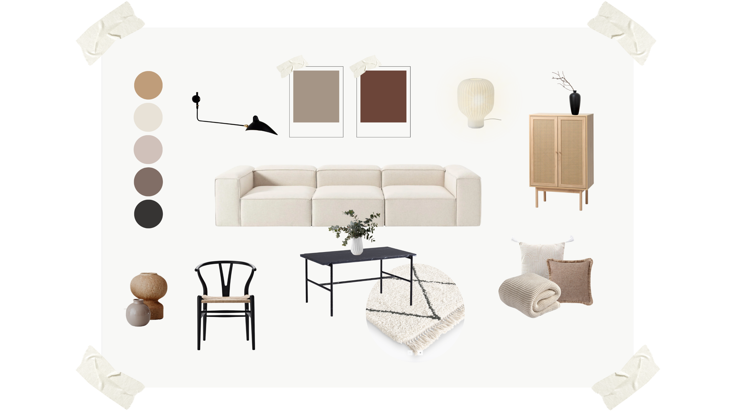 Moodboard mit moderner Einrichtung, neutrale Farbgebung, Designerstuhl