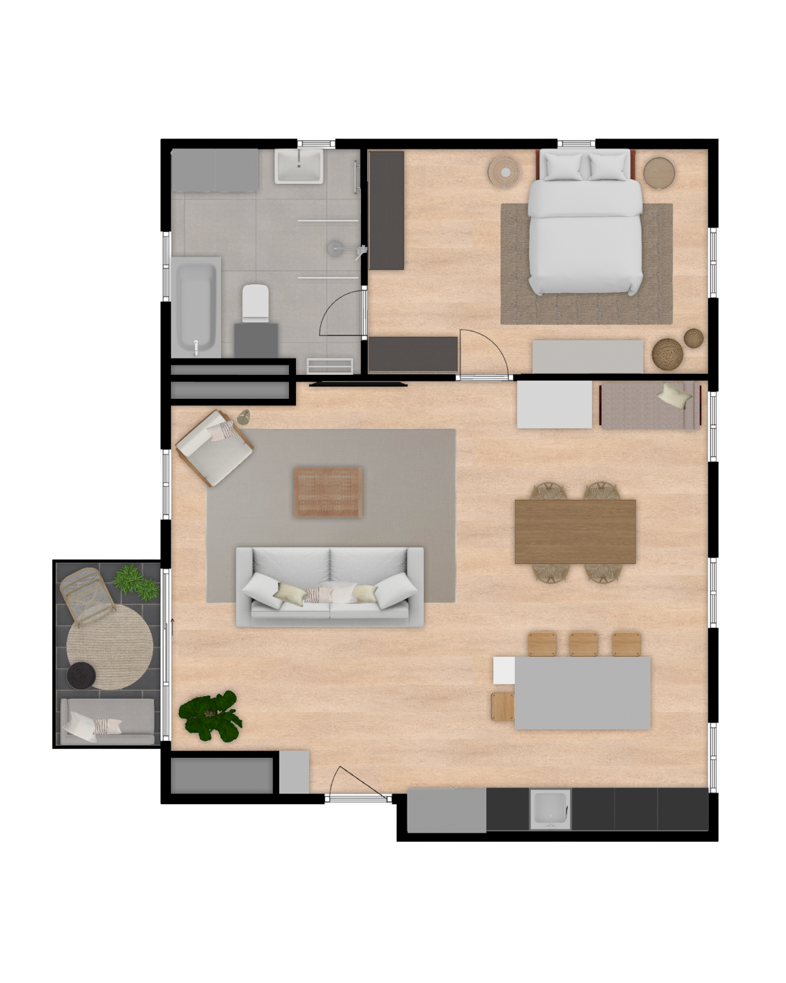 Ein digitaler Grundrissplan eines Apartments mit einem Schlafzimmer, einem Badezimmer, einem Wohnzimmer, einem Essbereich und einer Küche.