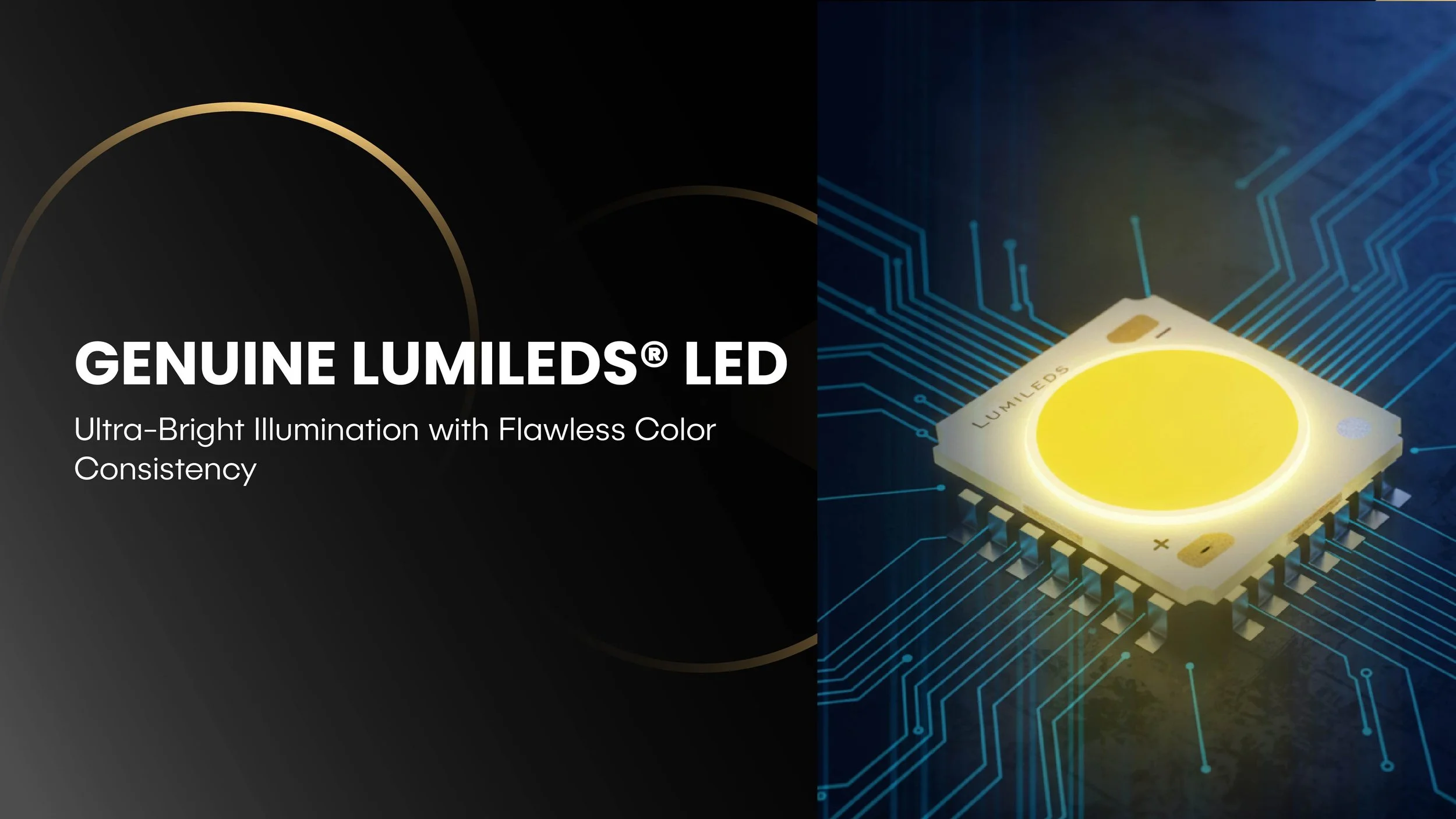 Genuine Lumileds LED chip on a circuit board providing ultra-bright illumination and flawless color consistency.