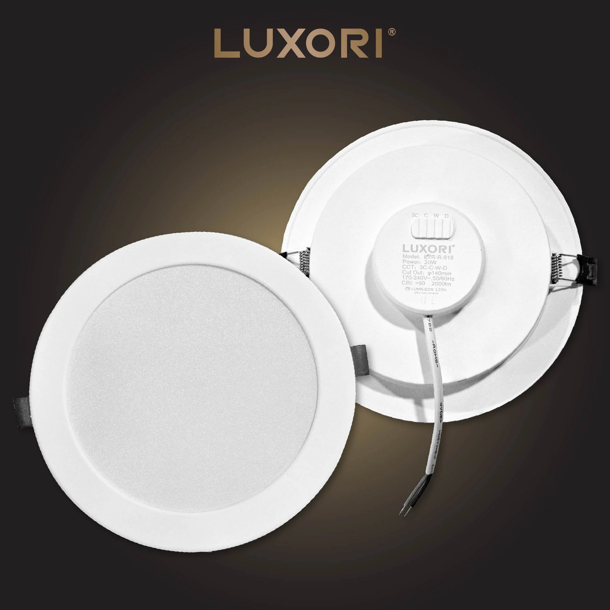 Ceiling recessed LED light fixture with wiring, branded Luxori, shown from the back with brand label and specifications visible.