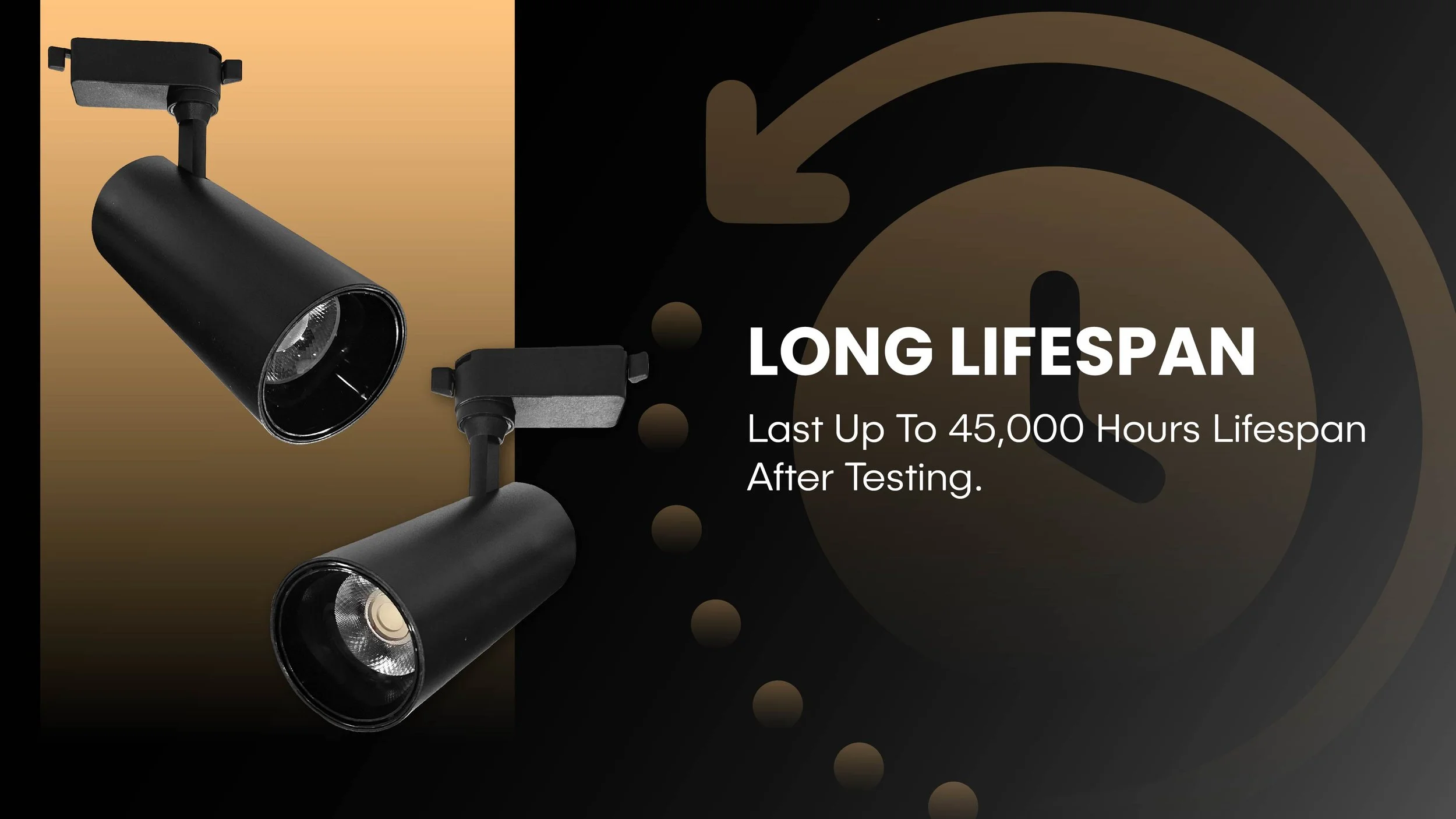 Durable black LED track spotlight heads featuring a long lifespan of up to 45,000 hours for energy-efficient commercial lighting.