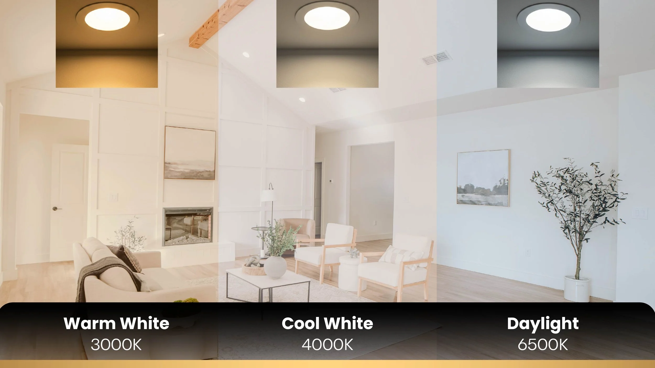 Comparison of LED downlight color temperatures in a living room: Warm White 3000K, Cool White 4000K, and Daylight 6500K.